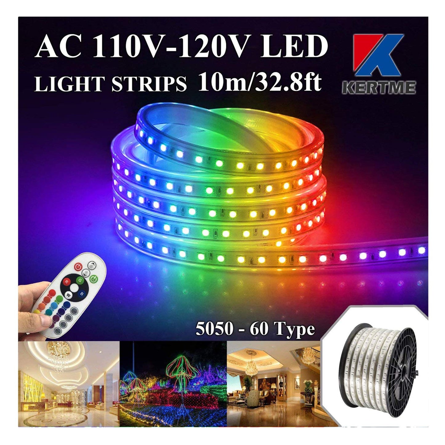 KERTME 5050 RGB LED Strip Lights, Waterproof, Dimmable, 10m/32.8ft, Multi-Colors