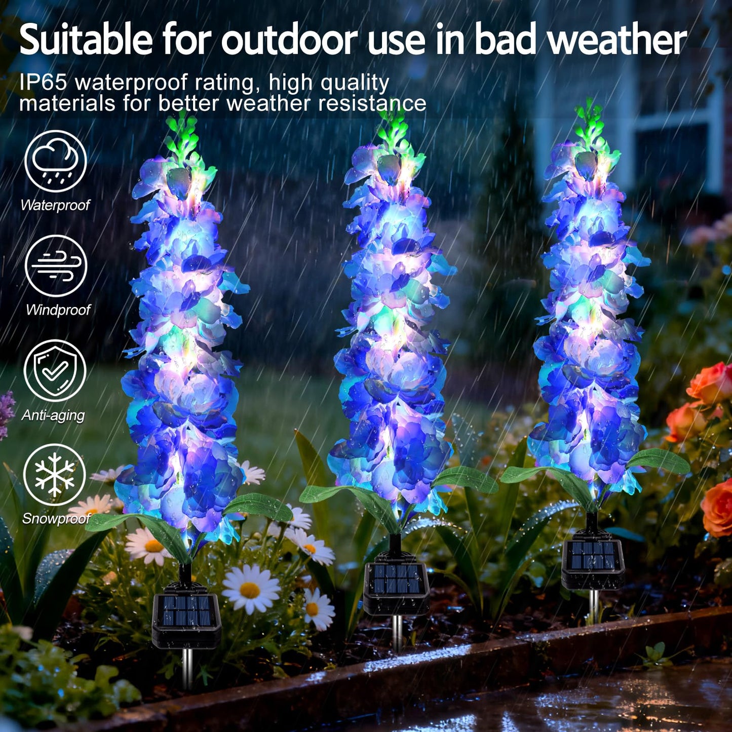 Mrhephaestus Solar Garden Lights  Solar Blue Delphinium Flowers Lights 4 Pack 80 Leds  Waterproof Outdoor Light Two Lighting Modes For Outside Wedding Party Garden Yard Patio Lawn Decor