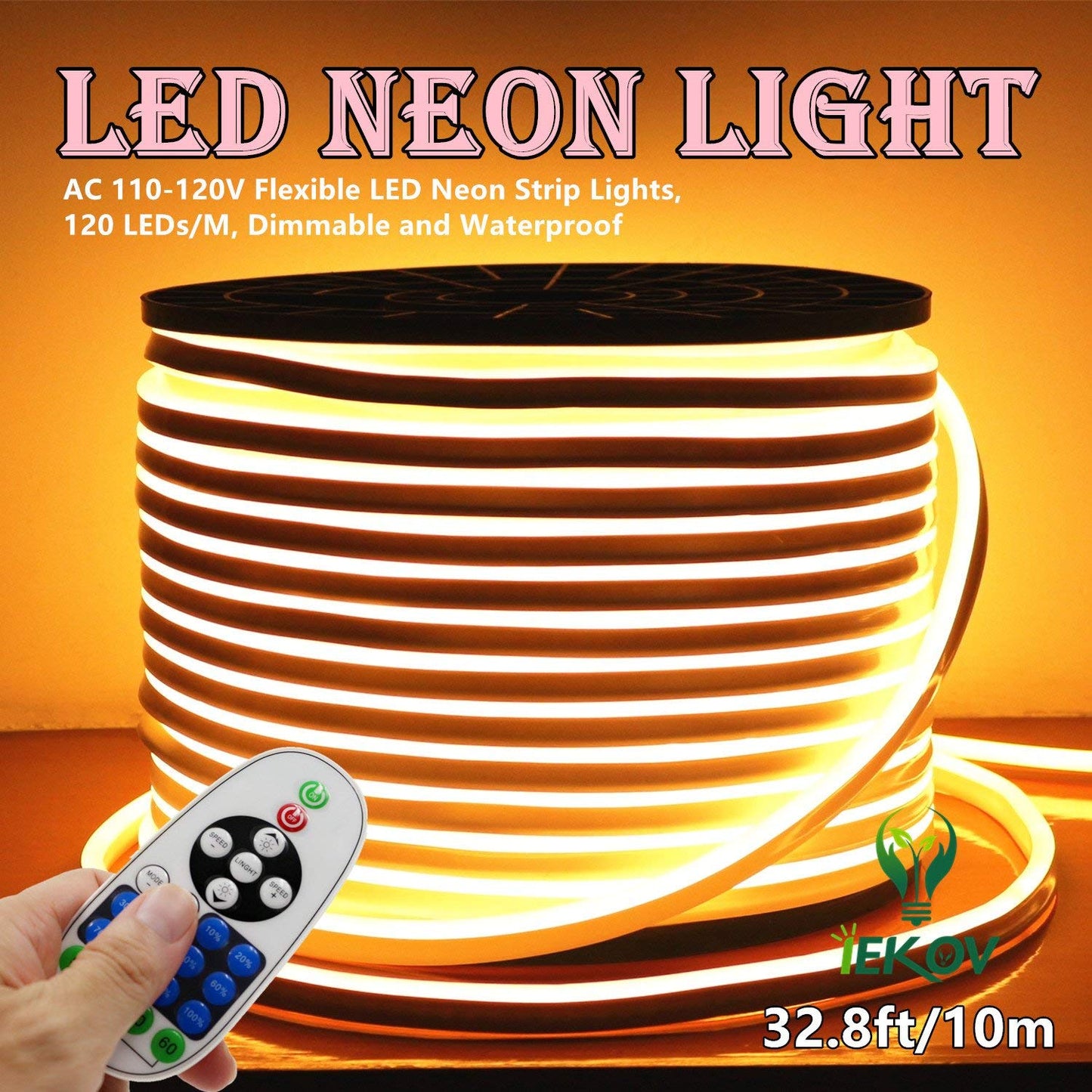 IEKOV LED Neon Light, Dimmable Waterproof 2835 SMD Rope Light, 10m/32.8ft, Warm White, Model NEON LIGHT-WW-10M