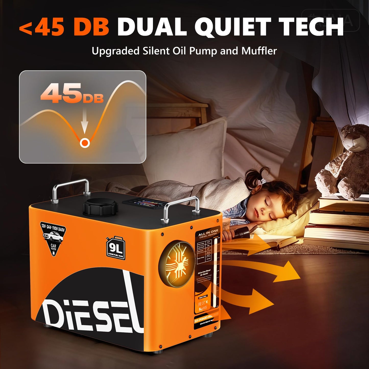 SILVEL Diesel Heater 8KW 110V/12V/24V, All-in-One 9L-10L Portable Diesel Air Heater with LCD Screen, Remote Control, Suitable for Car, Camper, RV, Truck, Home, Garage, Shop, Boat, Orange