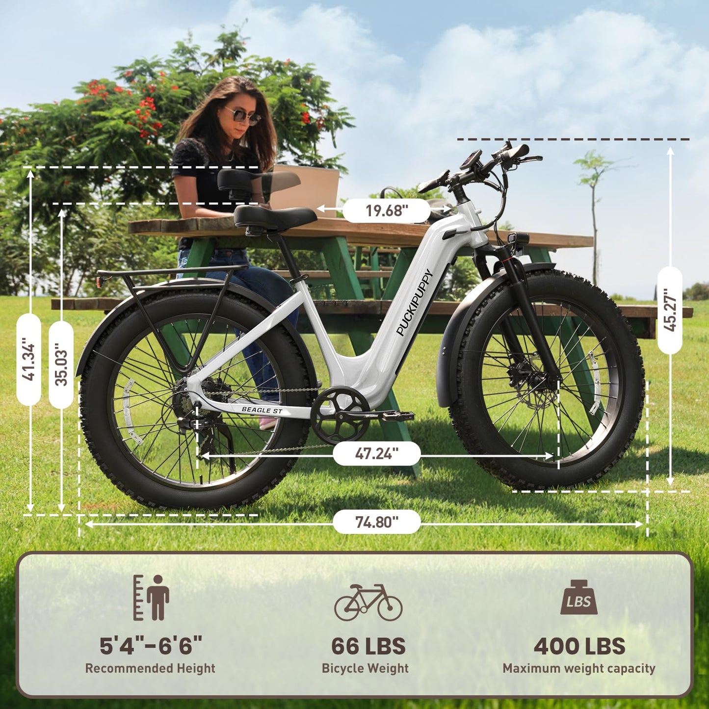 PUCKIPUPPY Electric Bike for Adults 960W, 26" Fat Tire, Step-Through Design Electric Mountain Hunting Bike, 48V 15AH Max 28MPH Off-Road Ebike with Rear Storage Shelf (White)