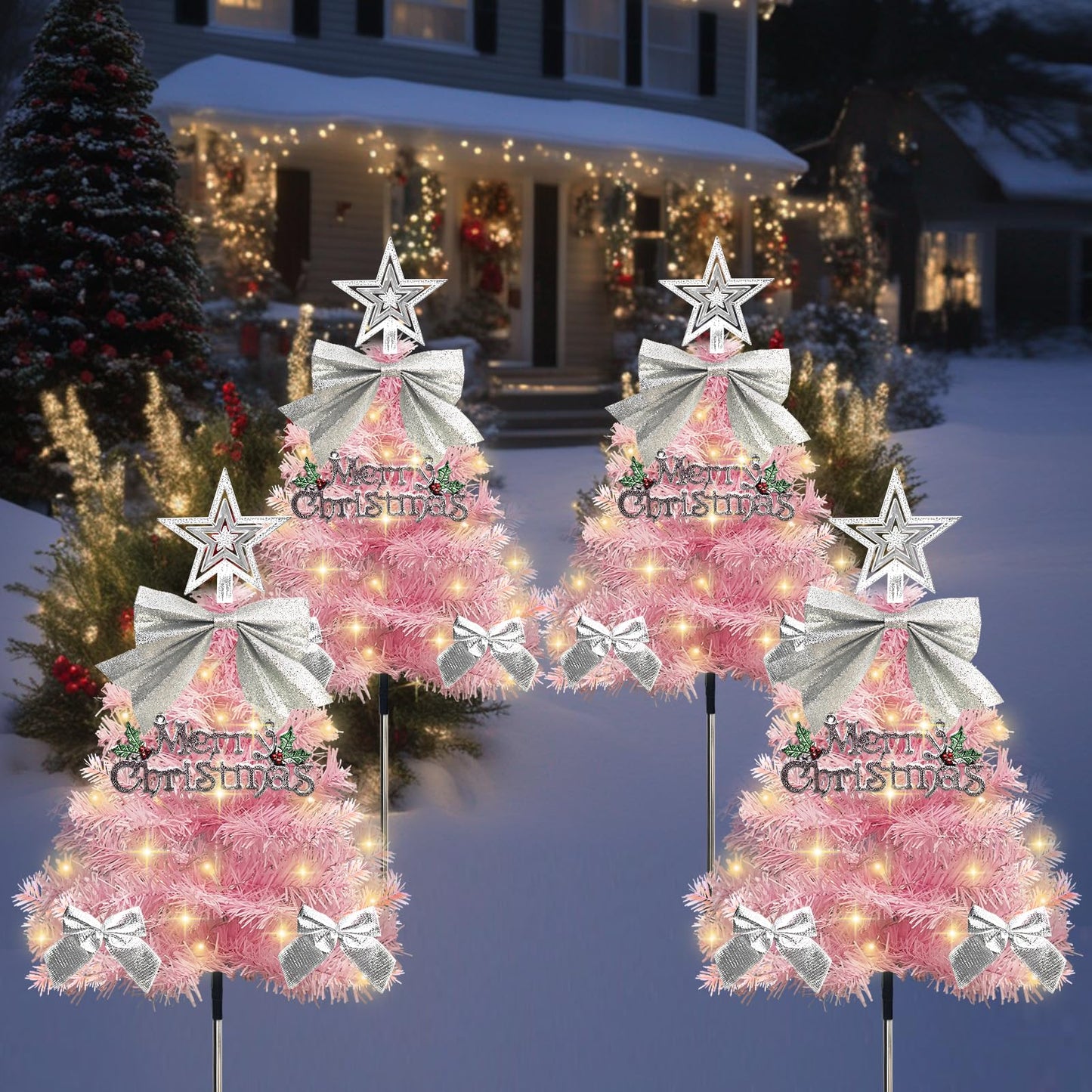 4 Pack Christmas Tree Solar Pathway Lights Outdoor Decorations  Waterproof Artificial Mini Xmas Tree Stake Lights With Diy Ornamets For Garden Yard Porch Decor (Pink Tree)