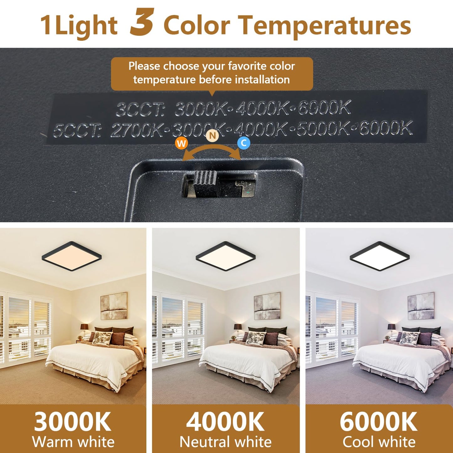 Tlz Tlz Lighting 12 Inch 6Pk Square Led Flush Mount Ceiling Light  30W  3000Lm 3000K/4000K/6000K Cct Selectable  Square Led Flat Panel Ceiling Light Fixture For Bedroom Kitchen Living Room (Black)