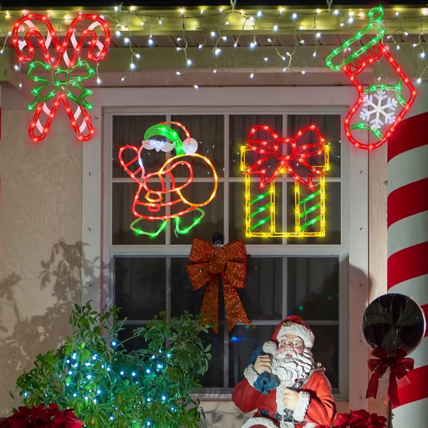 Trwymz 16 Christmas Window Silhouette Lights - 4 Pack Colour Lighted Christmas Stocking & Candy Cane & Gift Box & Santa For Holiday Indoor And Outdoor Wall Door Window Decorate