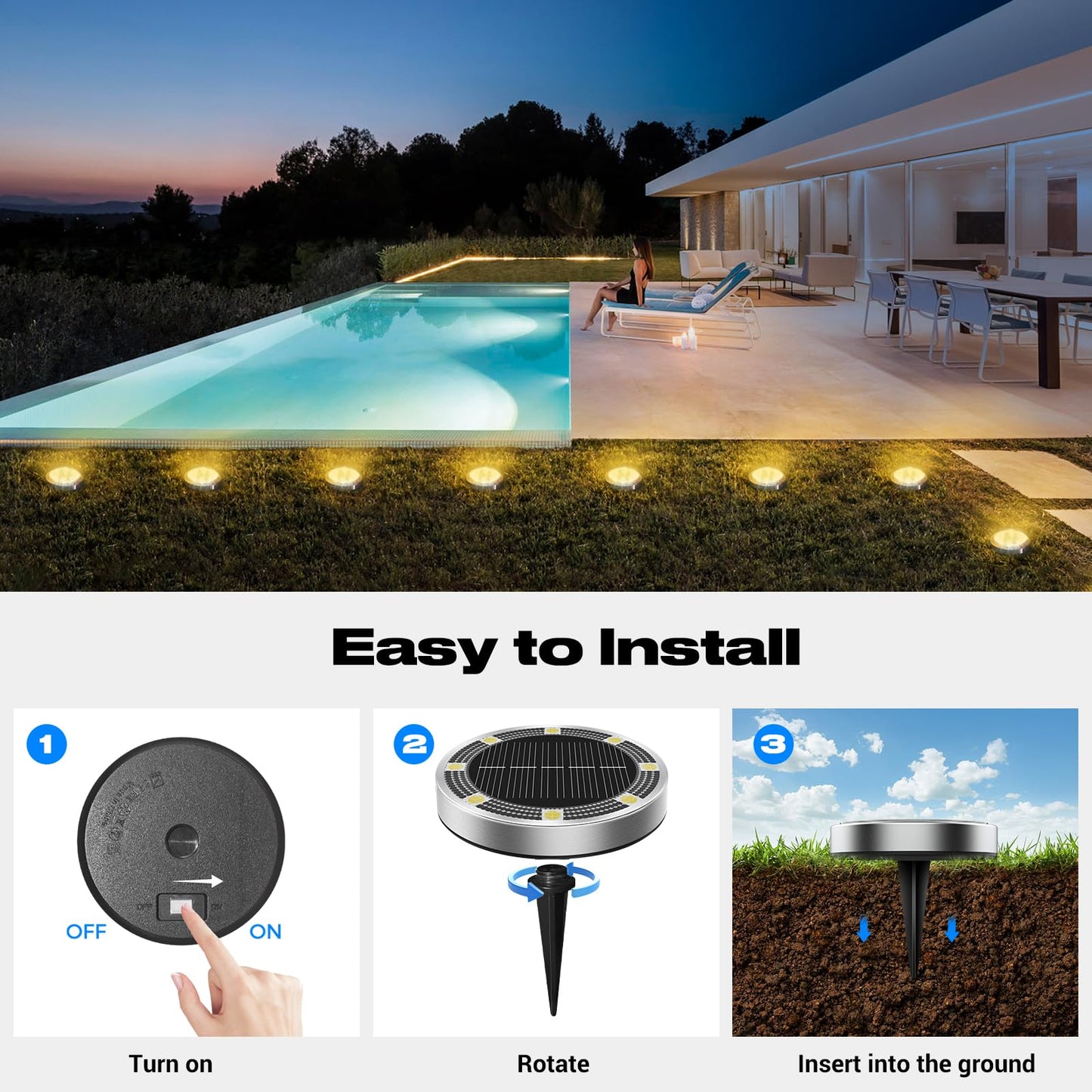 Peasur Solar Ground Lights Outdoor  24 Pack Flat Solar Powered Disc Lights  Ip68 Waterproof  Anti-Rust  Landscape Lighting For Pathway Garden Yard Lawn Walkway Landscape Driveway  Warm White