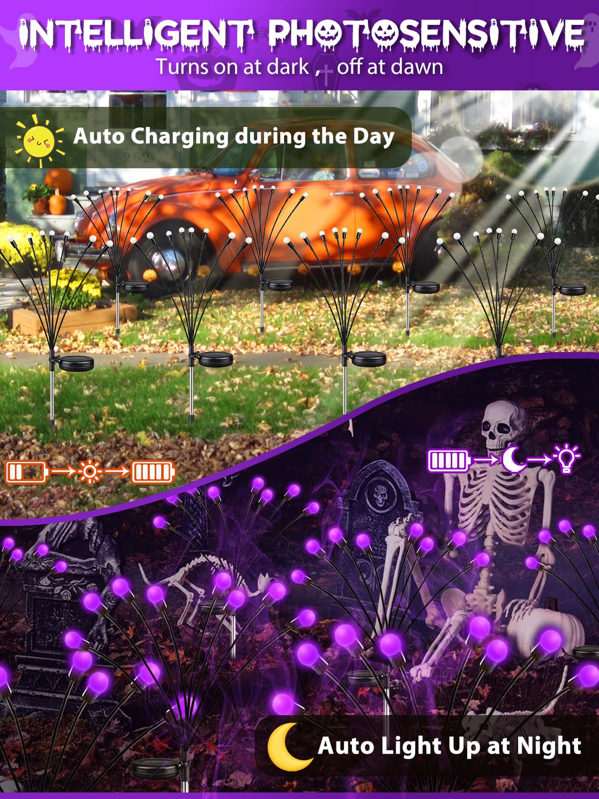 Albelt Halloween Decorations Outdoor  6 Pack Solar Firefly Lights Outdoor  48 Led Solar Halloween Lights  Waterproof Swaying Garden Light (Sway By Wind) For Outside Yard Pathway Decor (Purple)