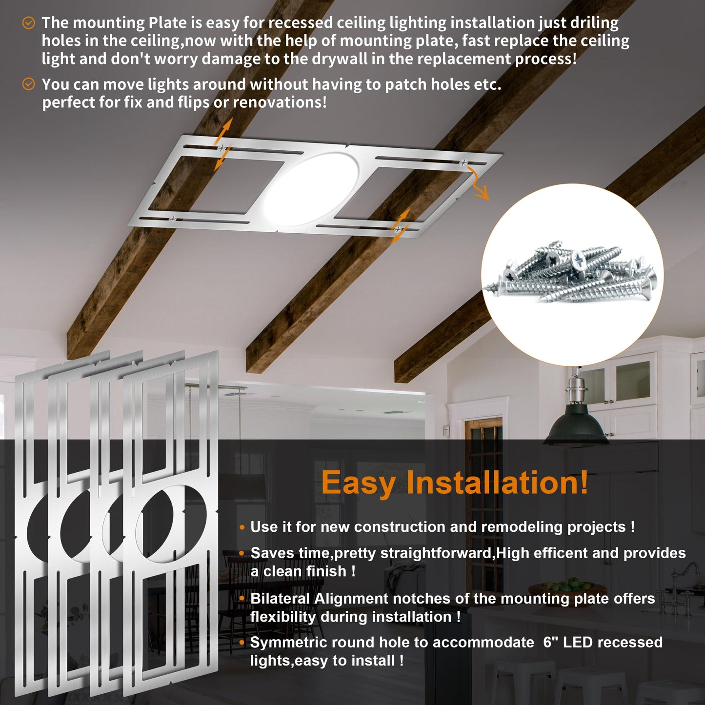 New Construction Mounting Plate  6 Inch  Led Recessed Lighting Housing Kits  Flat Steel Rough In Bracket Fixture For Led Light Bar  48Pc Shallow Recessed Lighting Housing Plate