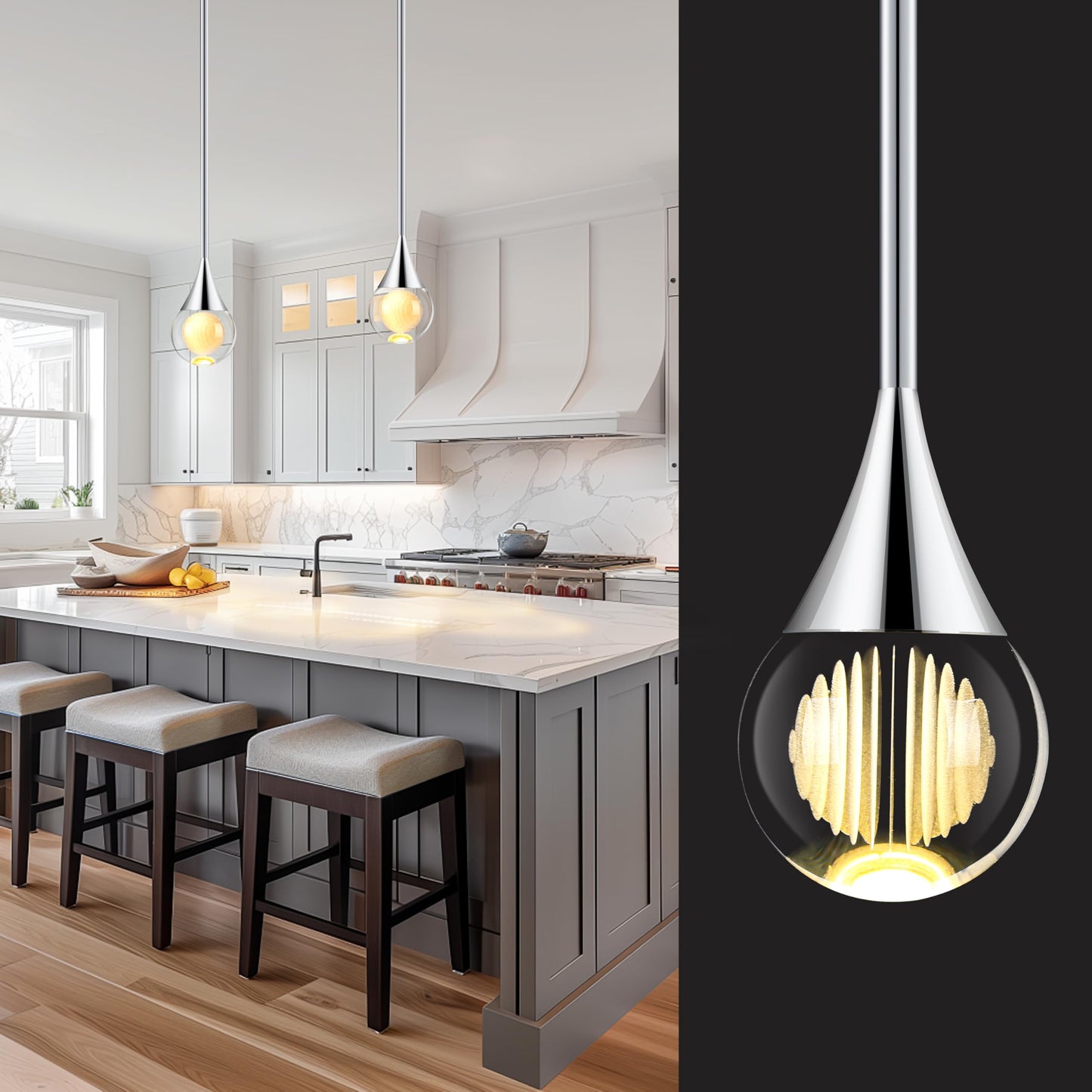 1-Pendant Lights Kitchen Island  Silver Crystal Globe Ceiling Hanging Light Fxitures  Led Light Fixtures Metal Rod Ceiling Glass Pendant Lighting For Kitchen Island Dining Room Bar