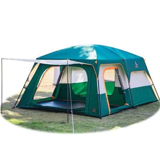 KTT Extra Large Tent 10-12 Person(B),Family Cabin Tents,2 Rooms,3 Doors and 3 Windows with Mesh,Straight Wall,Waterproof,Double Layer,Big Tent for Outdoor,Picnic,Camping,Family Gathering(Green)