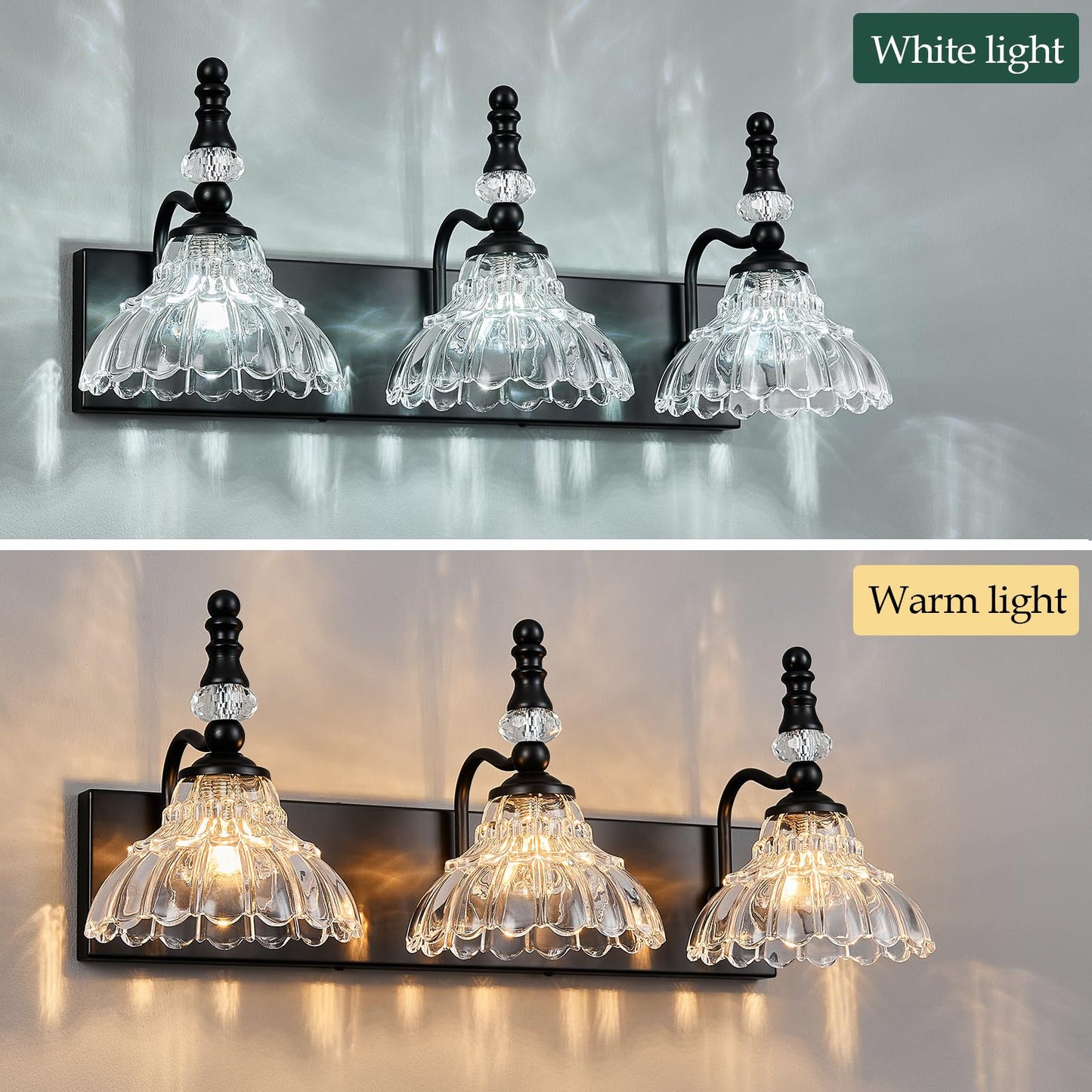 Lbsqj Vintage Bathroom Vanity Light  3-Light Black Vanity Lighting Fixture With Flower Glass Shade  Bathroom Lighting Fixtures Over Mirror