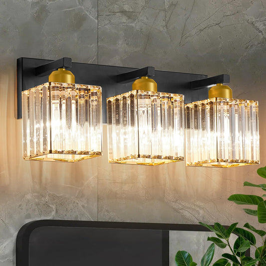 Diamondforge Bathroom Vanity Light Fixtures Over Mirror - Makeup Lighting Black Gold - For Modern Wall  Bath  Desk  Farmhouse  Hallway 3 Crystal Lights