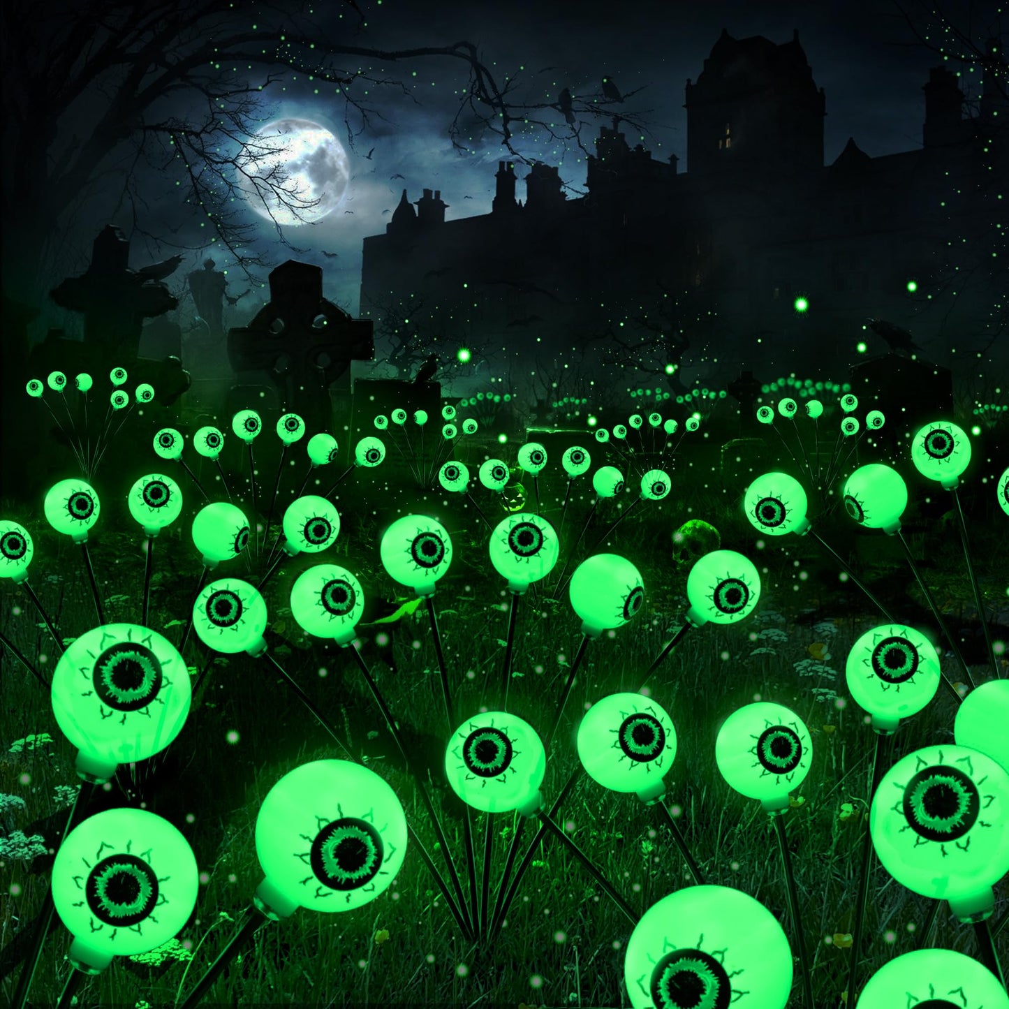 Brizlabs 8 Pack 48 Led Halloween Solar Lights  2 Modes Outdoor Halloween Eyeball Pathway Lights  Solar Spooky Light Waterproof  Green Swaying Firefly Lighting For Path Yard Garden Lawn