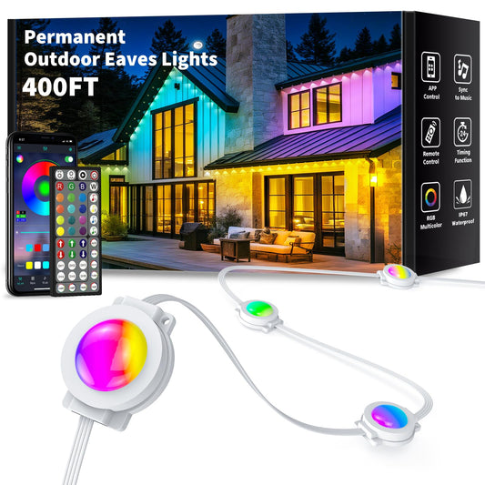 Yibulayin 400Ft Permanent Outdoor Lights Waterproof  Smart Rgb Eaves Lights With App/Remote Control  Diy Scene Modes  Led Outdoor Lighting For Christmas Holidays Daily Party House Roof Lighting