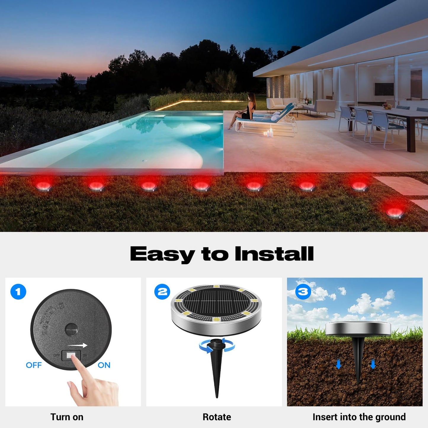 Peasur Solar Ground Lights Outdoor  12 Pack Flat Solar Powered Disc Lights  Ip68 Waterproof  Anti-Rust  Landscape Lighting For Pathway Garden Yard Lawn Walkway Landscape Driveway  Red
