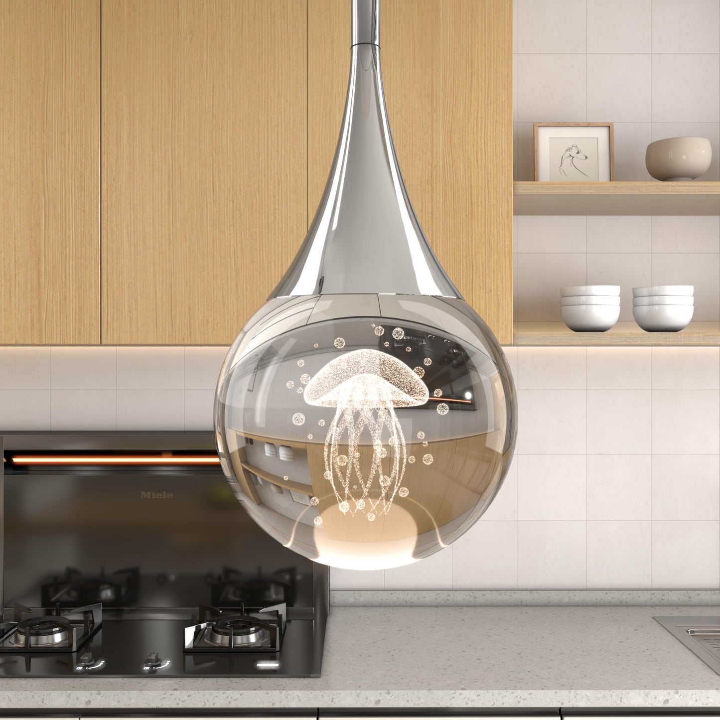 3-Pendant Lights Kitchen Island  Chrome Silver Crystal Globe Ceiling Hanging Light Fxitures  Led Lamp Metal Rod Ceiling Jellyfish Pendant Lighting For Kitchen Dining Room Bar