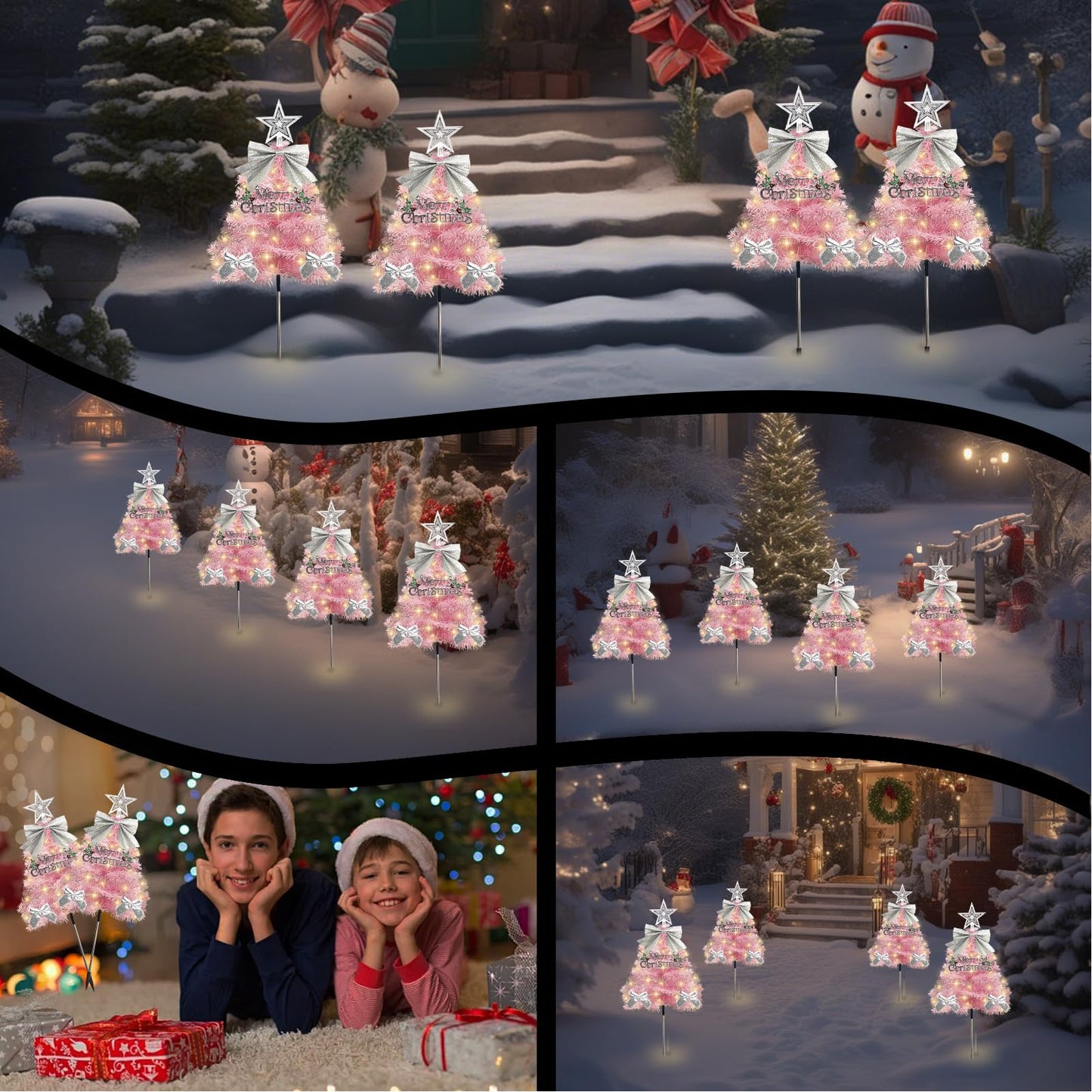 4 Pack Christmas Tree Solar Pathway Lights Outdoor Decorations  Waterproof Artificial Mini Xmas Tree Stake Lights With Diy Ornamets For Garden Yard Porch Decor (Pink Tree)