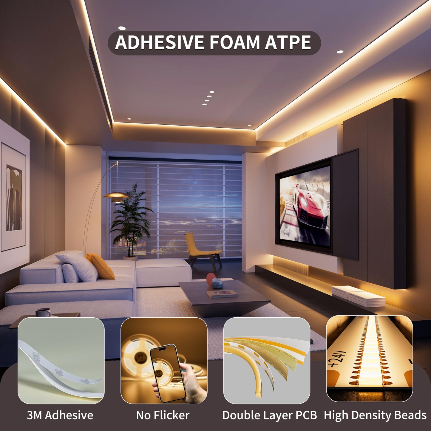 PAUTIX COB LED Strip Light, 8000 Lumen, Dimmable 24V, 24ft, Warm White