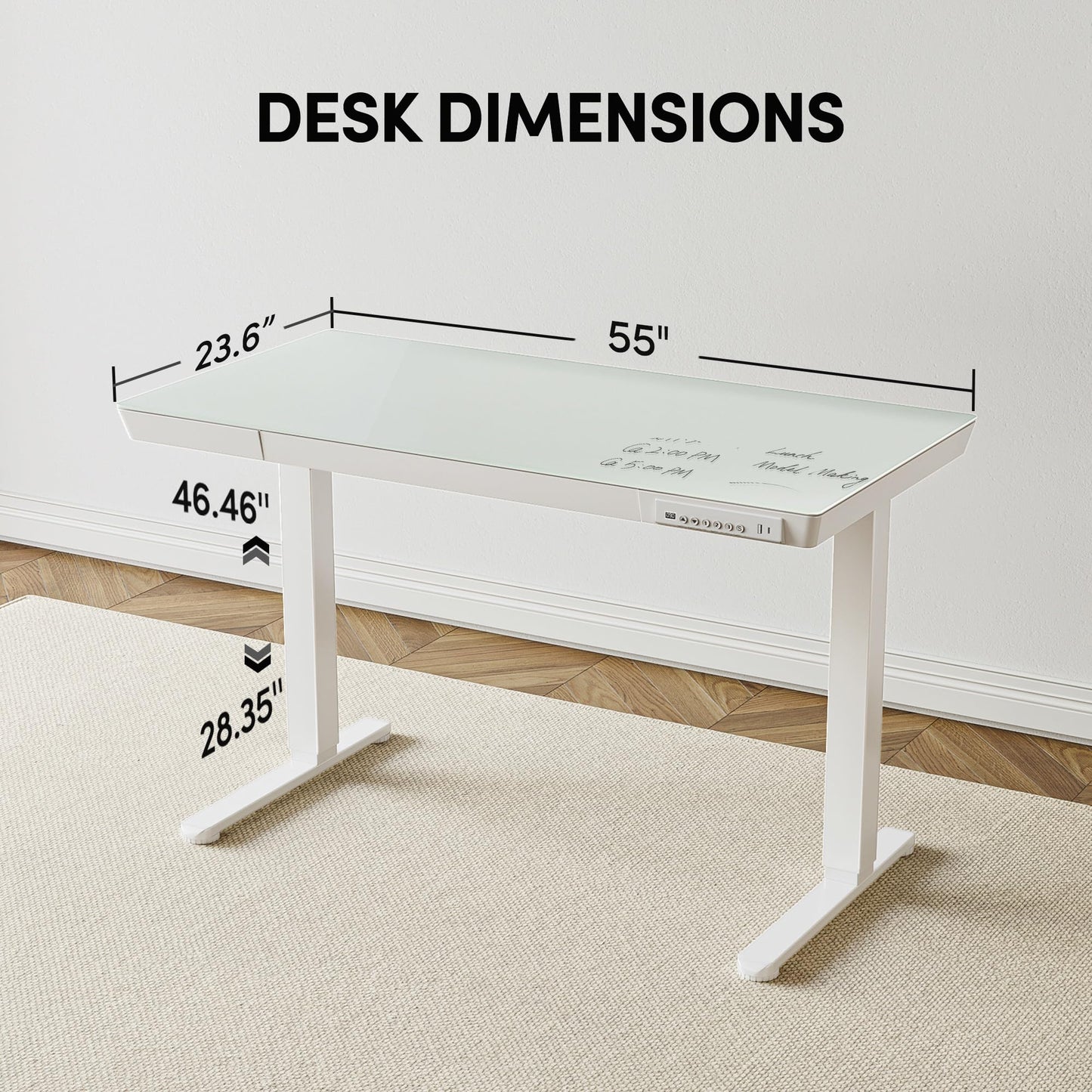 BANTI Electric Standing Desk with Drawers, 55 inch Whole-Piece Glass Desktop, Height Adjustable Stand up Sit Stand Home Office Ergonomic Workstation, White Tabletop