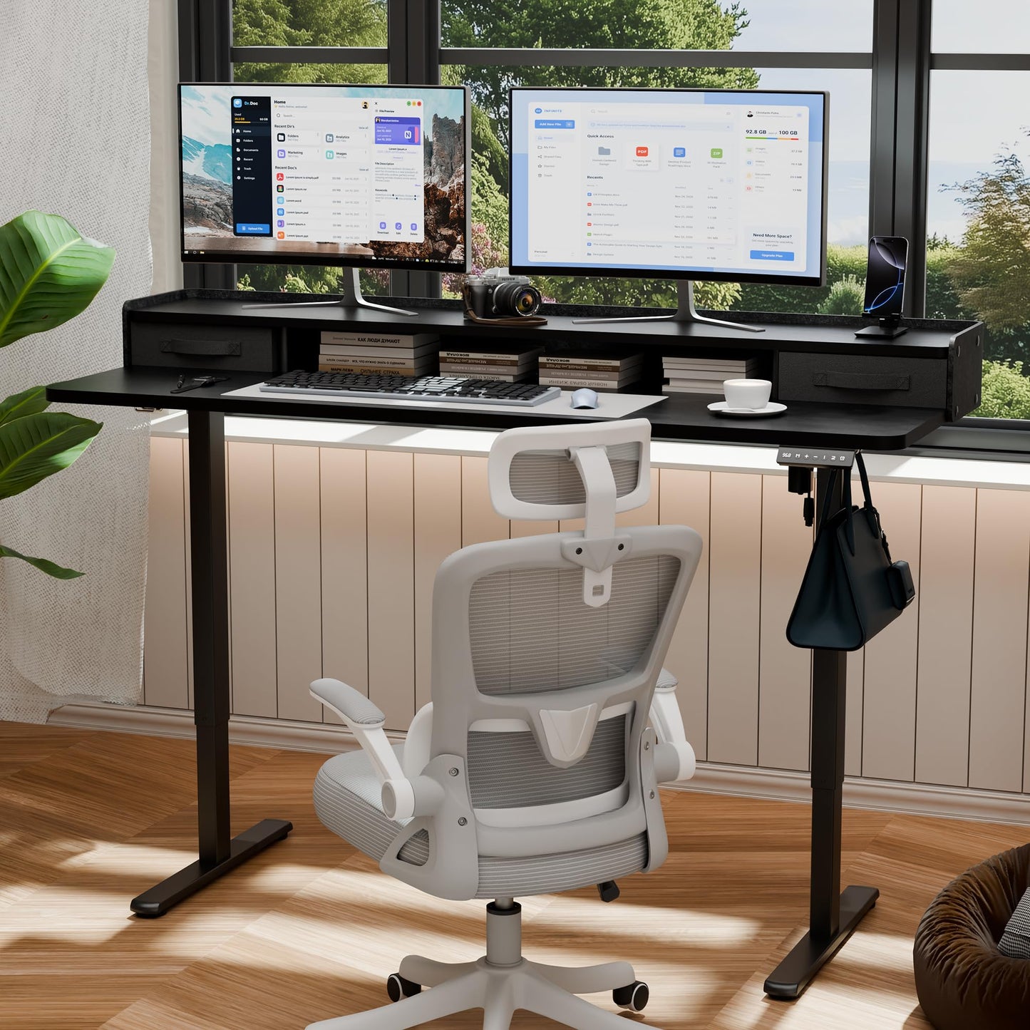 YESHOMY 63" x 23" Electric Standing Desk with 2 Drawers, Height Adjustable Computer Desk, Low Noise Home Office Stand Up Desk with 2 Preset Heights & 2 Hooks, Black