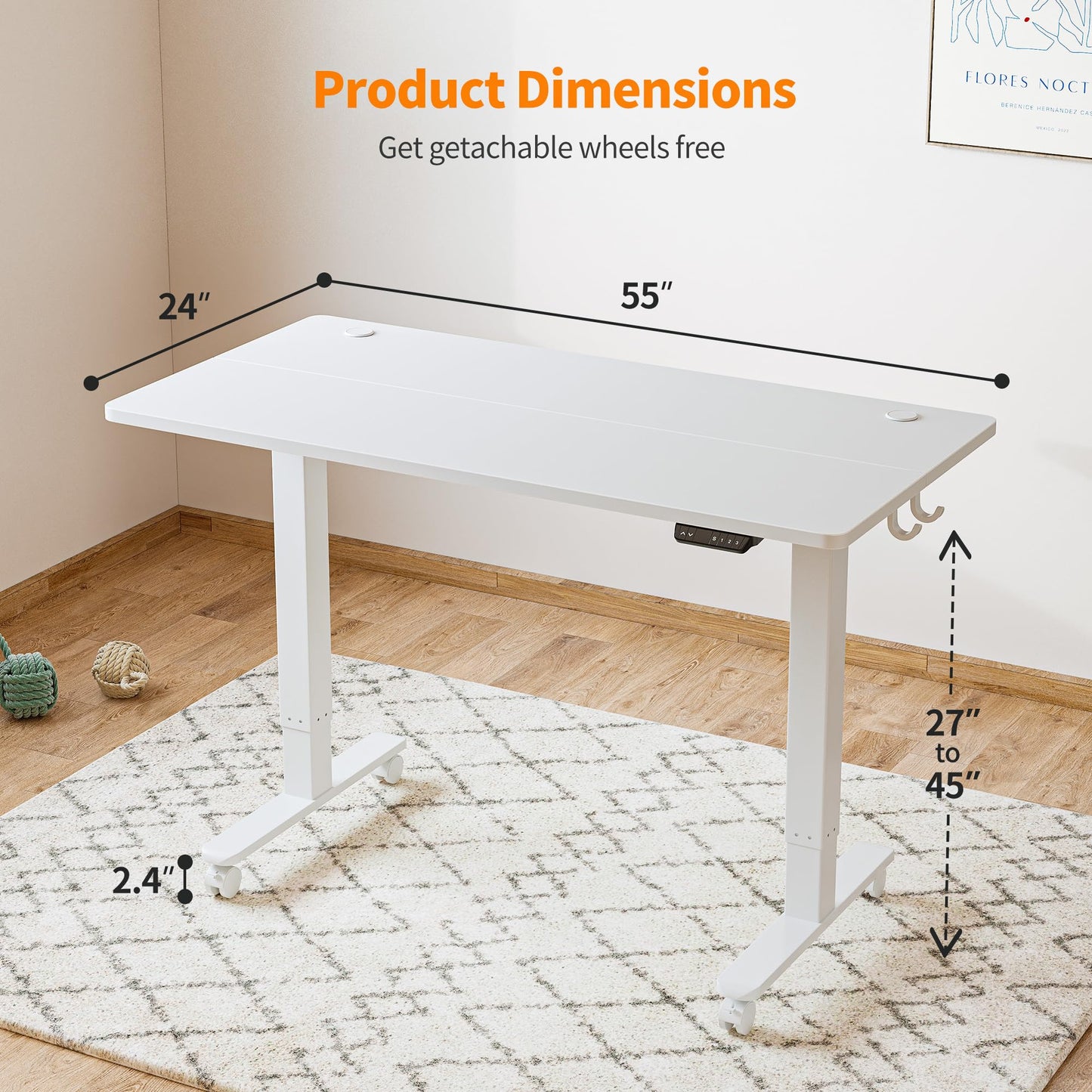 BANTI 55'' Electric Height Adjustable Standing Desk,Sit Stand up Desk,Ergonomic Sit-Stand Desk for Home Office,White Top