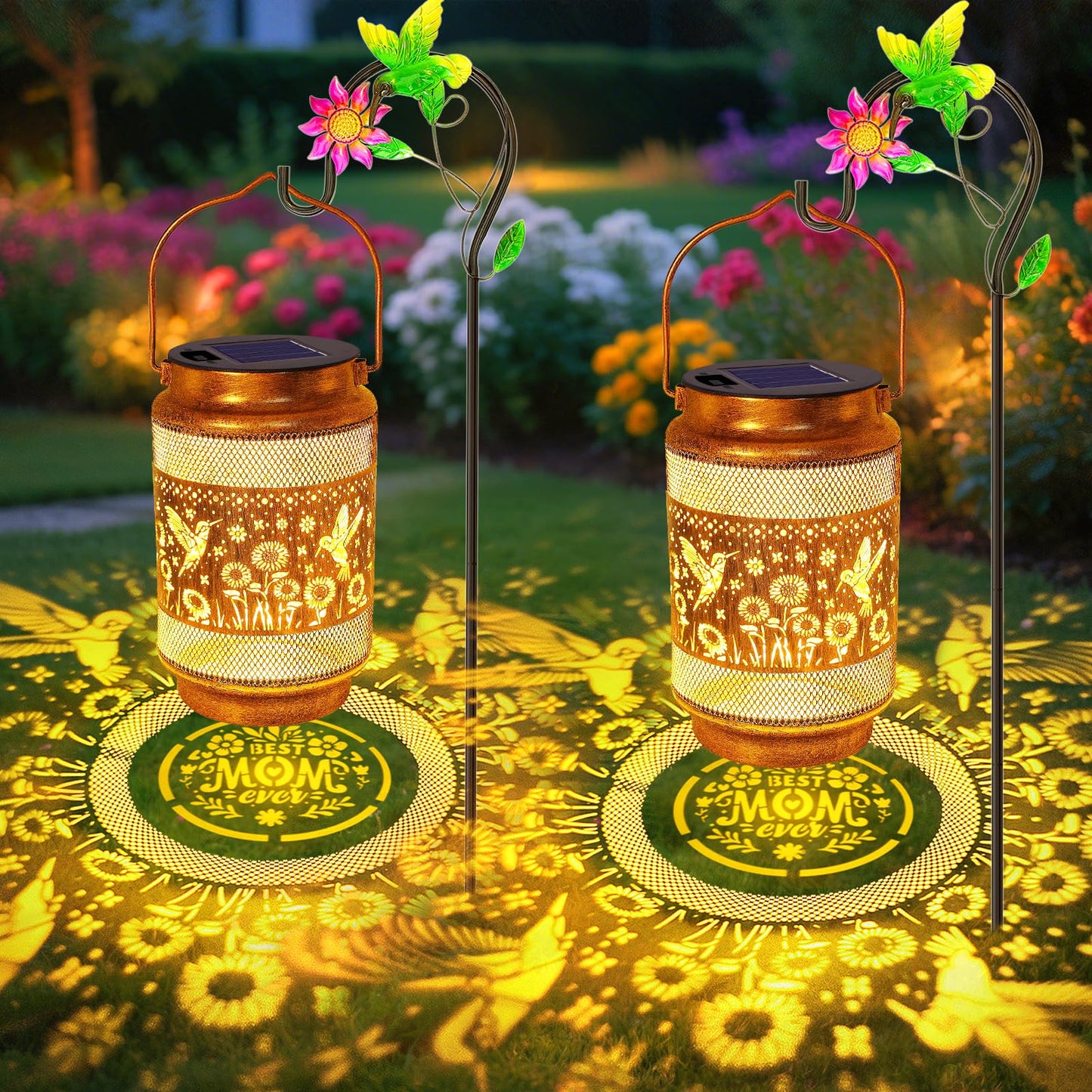 Gifts For Mom  Mom Gift Solar Lanterns Outdoor  Mother Birthday Gift From Daughter Son  Metal Solar Hanging Hummingbird Lights With Shepherd Hook For Outside Garden Yard Patio Pathway (2 Pack)