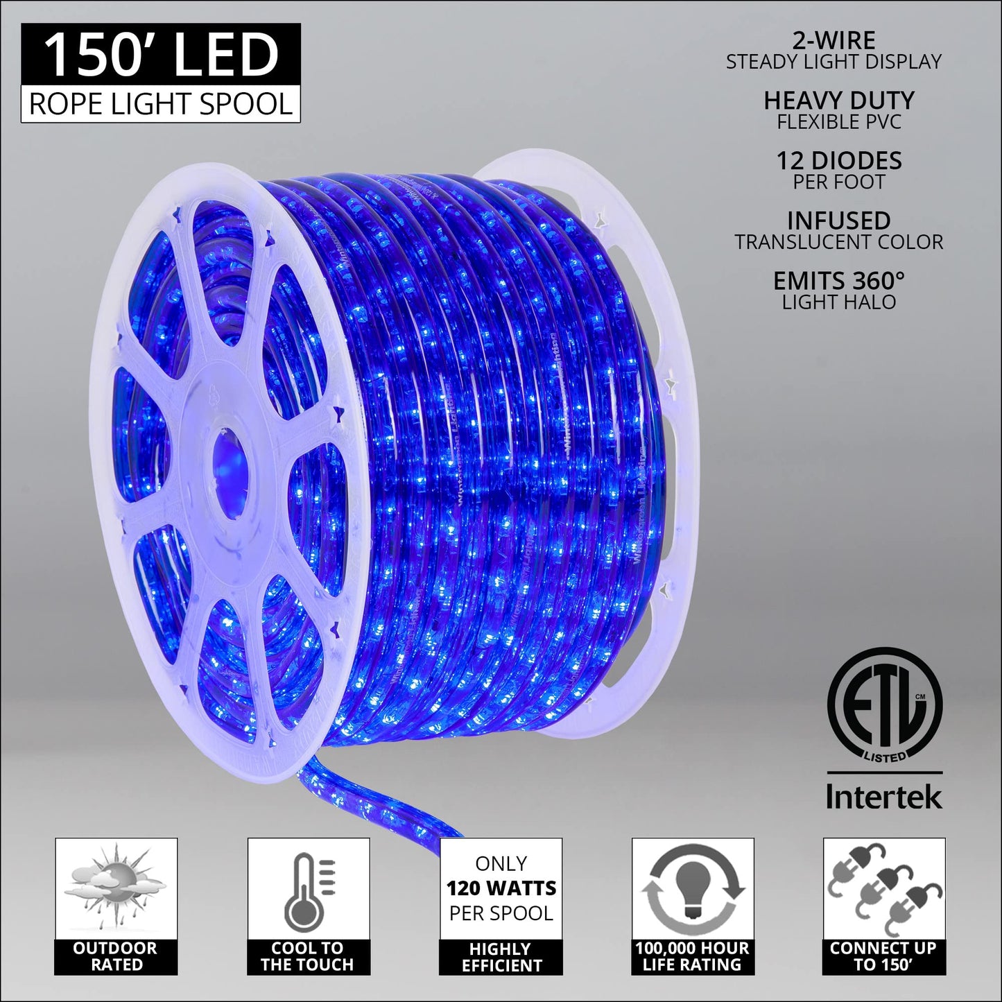 Wintergreen Lighting Blue LED Rope Light Kit, 150ft, PVC, Model WG-LED-13Y-1E-#22-36-18, Flexible Indoor/Outdoor Use