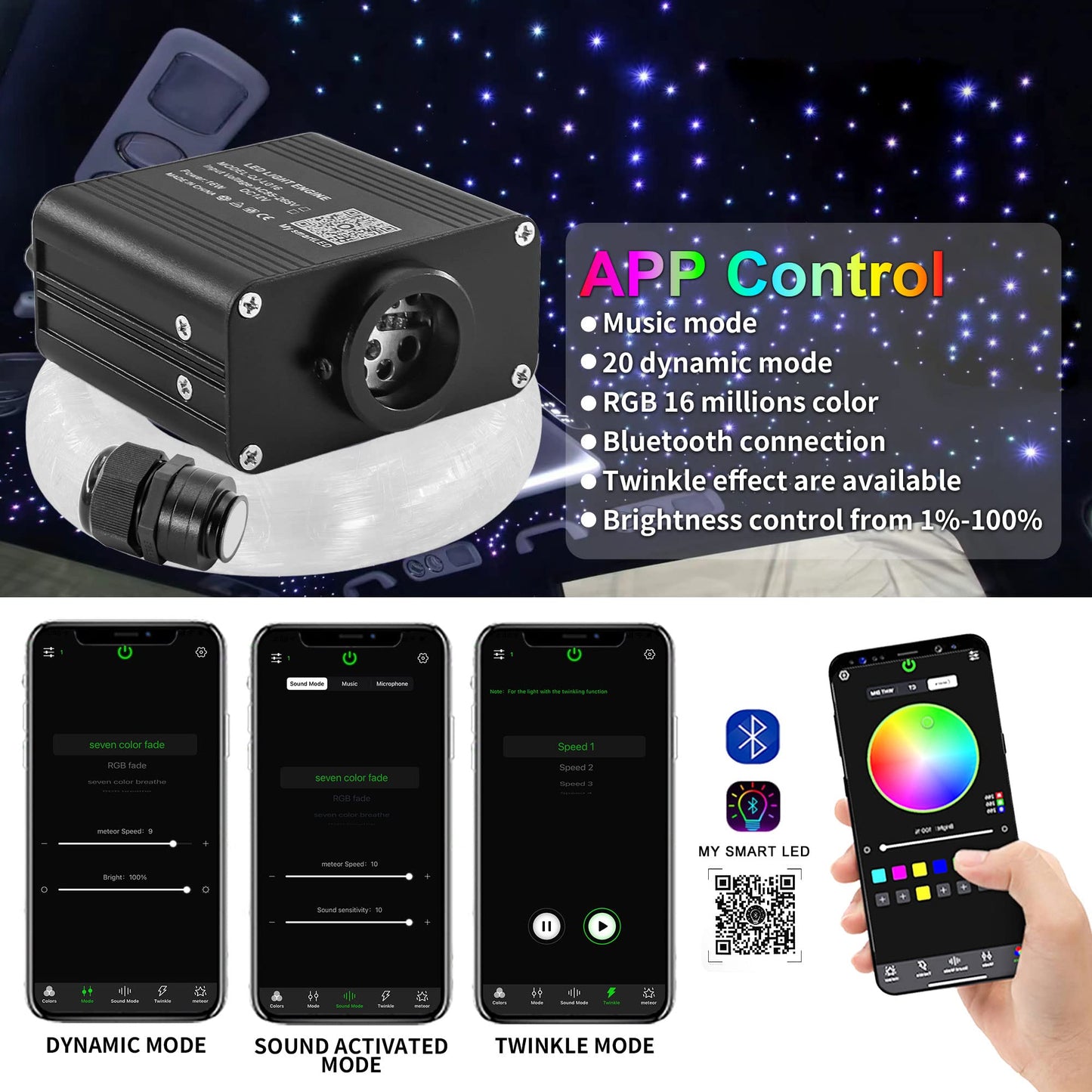 Atokee 16W Twinkle 650Pcs Starlight Headliner Kit  0.03In 13.1Ft Fiber Strands Small Size Star Lights For Car Roof With Remote Control/Bluetooth App