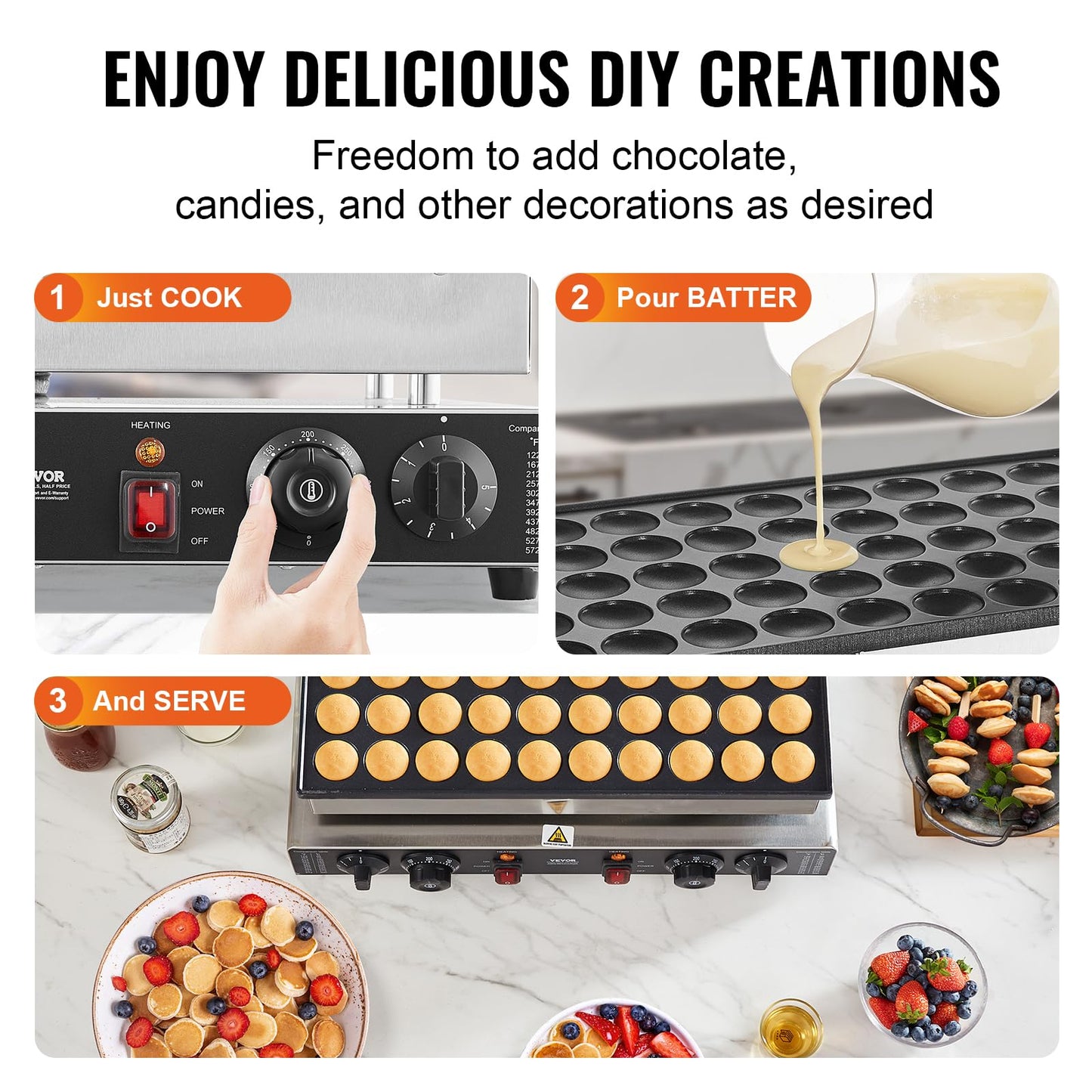 VEVOR 110V Mini Dutch Pancake Baker, 50PCS 1700W Commercial Electric Nonstick Waffle Maker Machine, 1.8 Inches Pancake Maker with 2 Thermostats & 2 Timers Separate Control, for Home and Restaurants