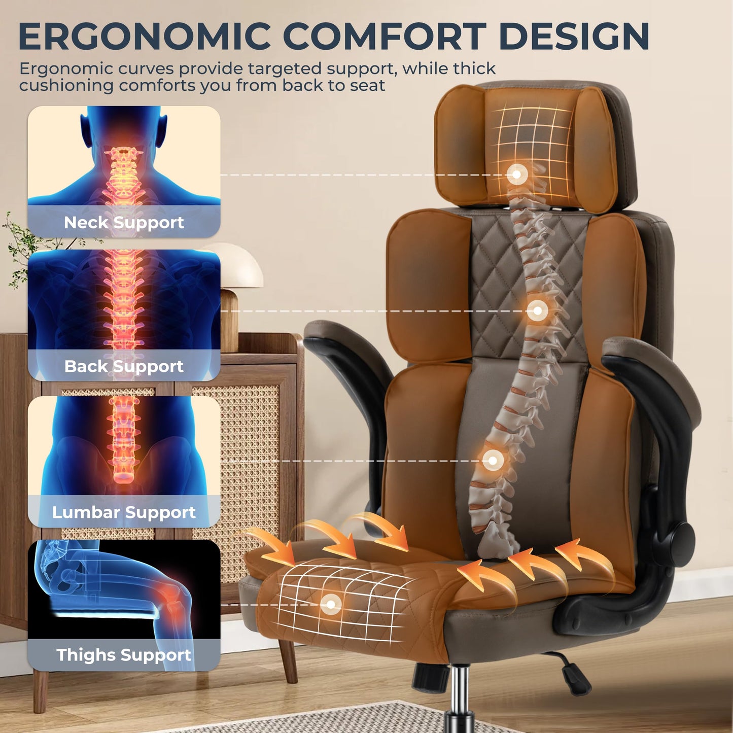 Office Chair with Adjustable Headrest - Executive Leather Desk Chair for Home Office, with Flip-Up Arms & Ergonomic Lumbar Support, Perfect for Work and Study, Brown