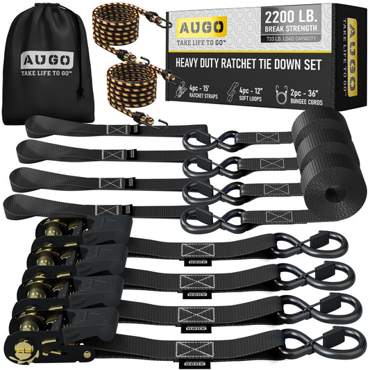 AUGO Ratchet Straps Heavy Duty 4 Pack -15 FT - 2200 LB Break Strength – with Safety Lock S Hooks - Cargo Straps for Moving, Appliances, Motorcycle – Soft Loop Tie Down Straps