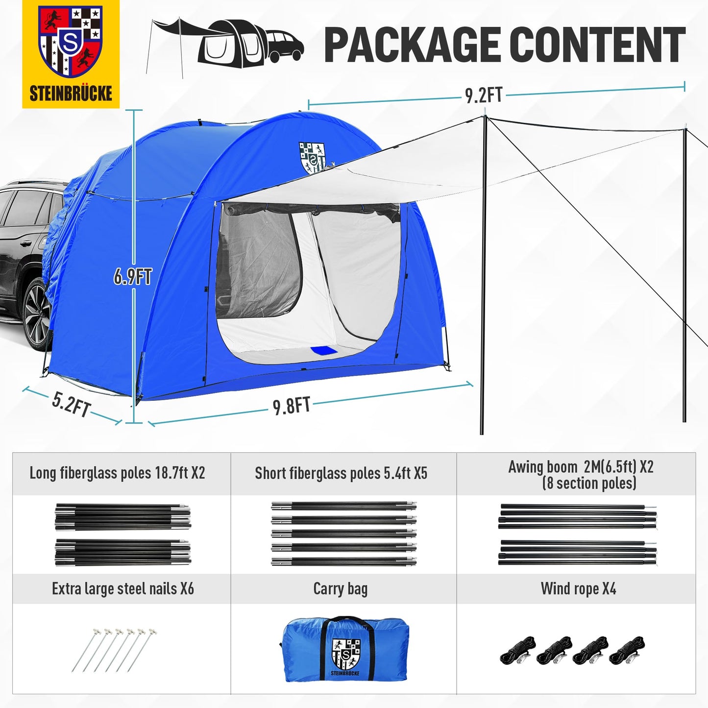 Versatile SUV Camping Tent with Spacious Awning, 4000mm Waterproof Car Shelter, Sleeps Up to 4 People - Essential Camping Accessories, Easy Setup for Backpacking, Travel, Hiking, Outdoor (Blue)