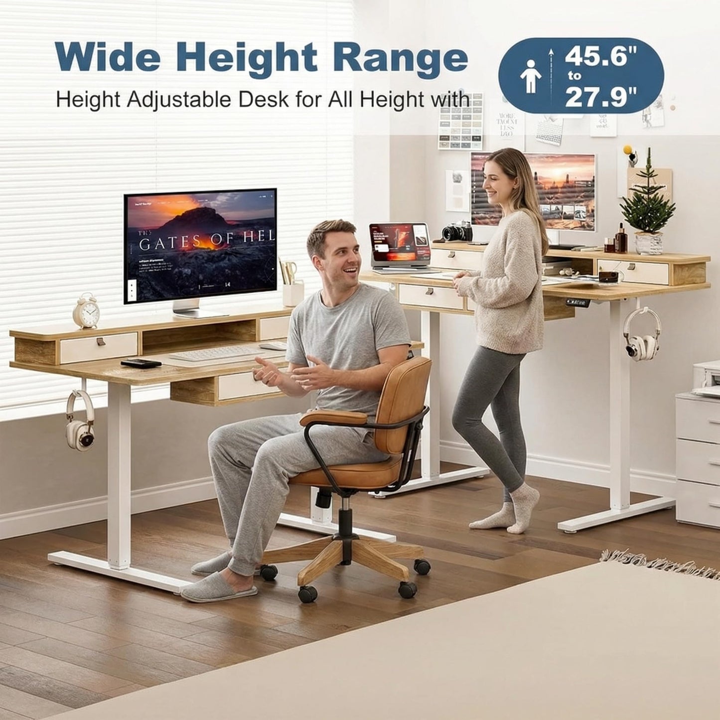 Grandder 47 Inch Electric Standing Desk with Four Drawers, Sit to Stand Up, Height Adjustable Desk with Storage Shelf for Home Office, Study, Ergonomic Adjustable Computer Desk, Oak