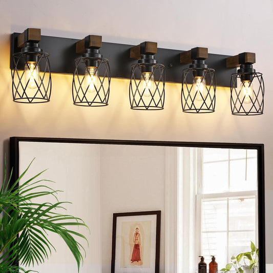 Xvmbvm Farmhouse Bathroom Vanity Light  5-Light Wood Bathroom Light Fixtures Over Mirror  Black Industrial Vanity Lights With Metal Shade  Rustic Bathrooms Lighting For Living Room  Bedrooms  Hallway