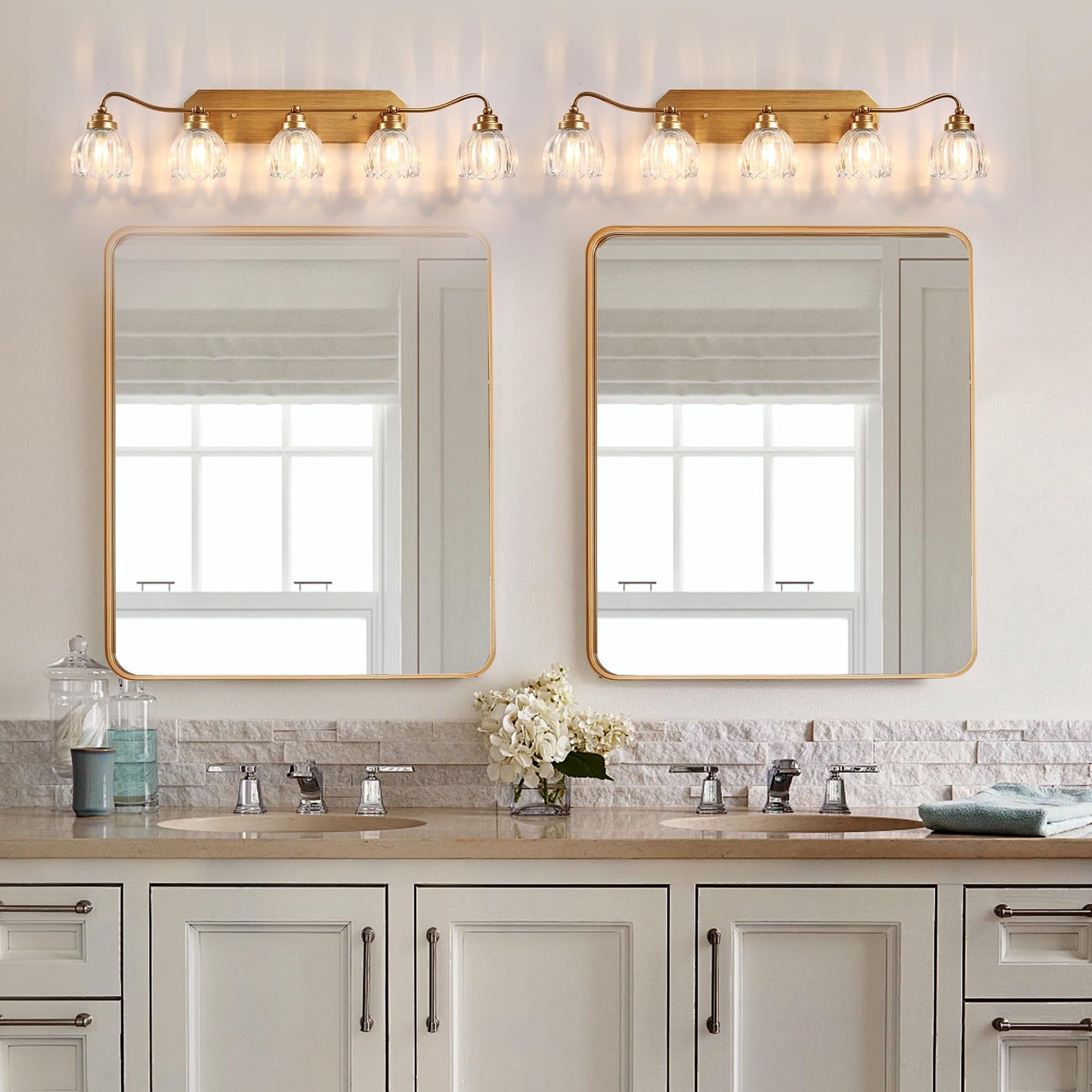 Vintage Bathroom Light Fixtures  5 Light Gold Bathroom Vanity Light  Matte Antique Brass Finish With Crystal Glass Shade  Wall Sconces Lighting For Bedroom  Living Room  Hallway