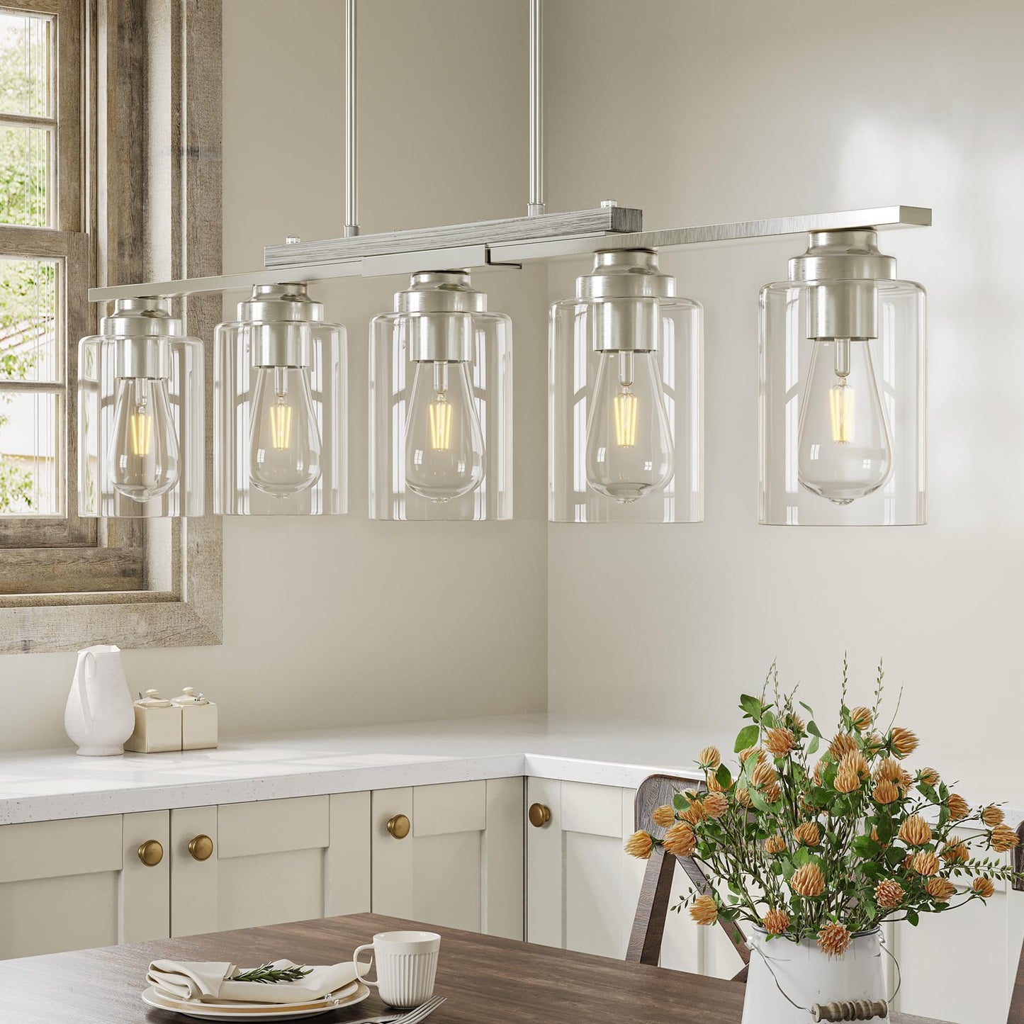 Vonluce Kitchen Island Lighting  5-Light Dining Room Light Fixture Over Table With Glass Shade And Adjustable Rods  Farmhouse Linear Chandelier For Kitchen Island  Brushed Nickel  Etl Certificated