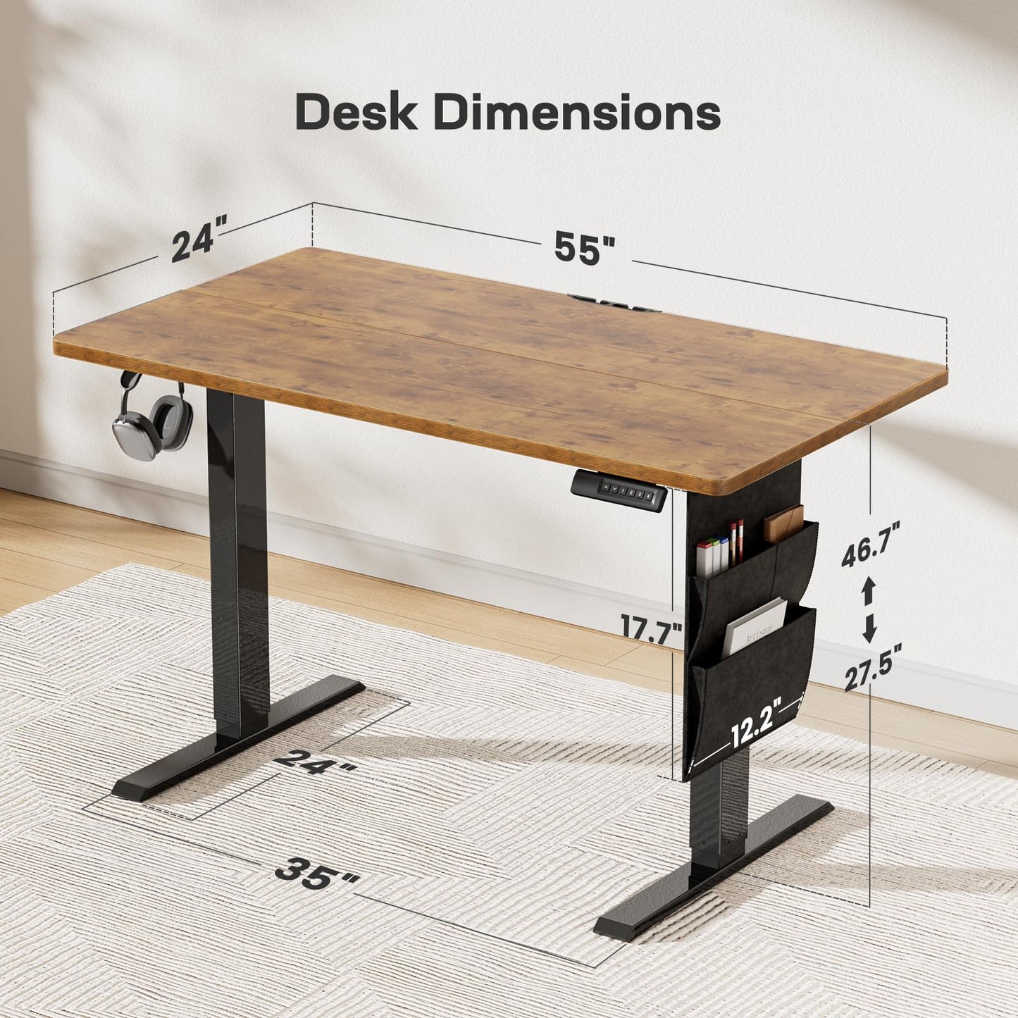 Marsail Standing Desks 55"x24" Adjustable Height Home Office Desks,Electric Standing Desk with Storage Bag,Stand up Desks for Study,Writing,Work Computer Desks 4 Memory Preset with Headphone Hook