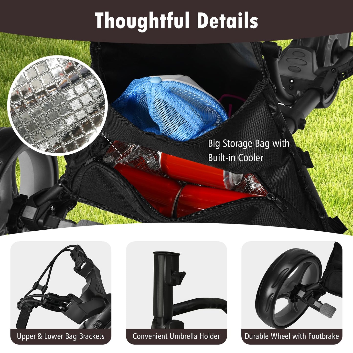 ULTIMATE 3 Wheel Golf Push Cart, Aluminum Folding Golf Walking Push Cart w/Elastic Strap, Umbrella & Cup Holder, Scoreboard Storage, Insulated Storage Bag, Adjustable Handle & Foot Brake (Gray)