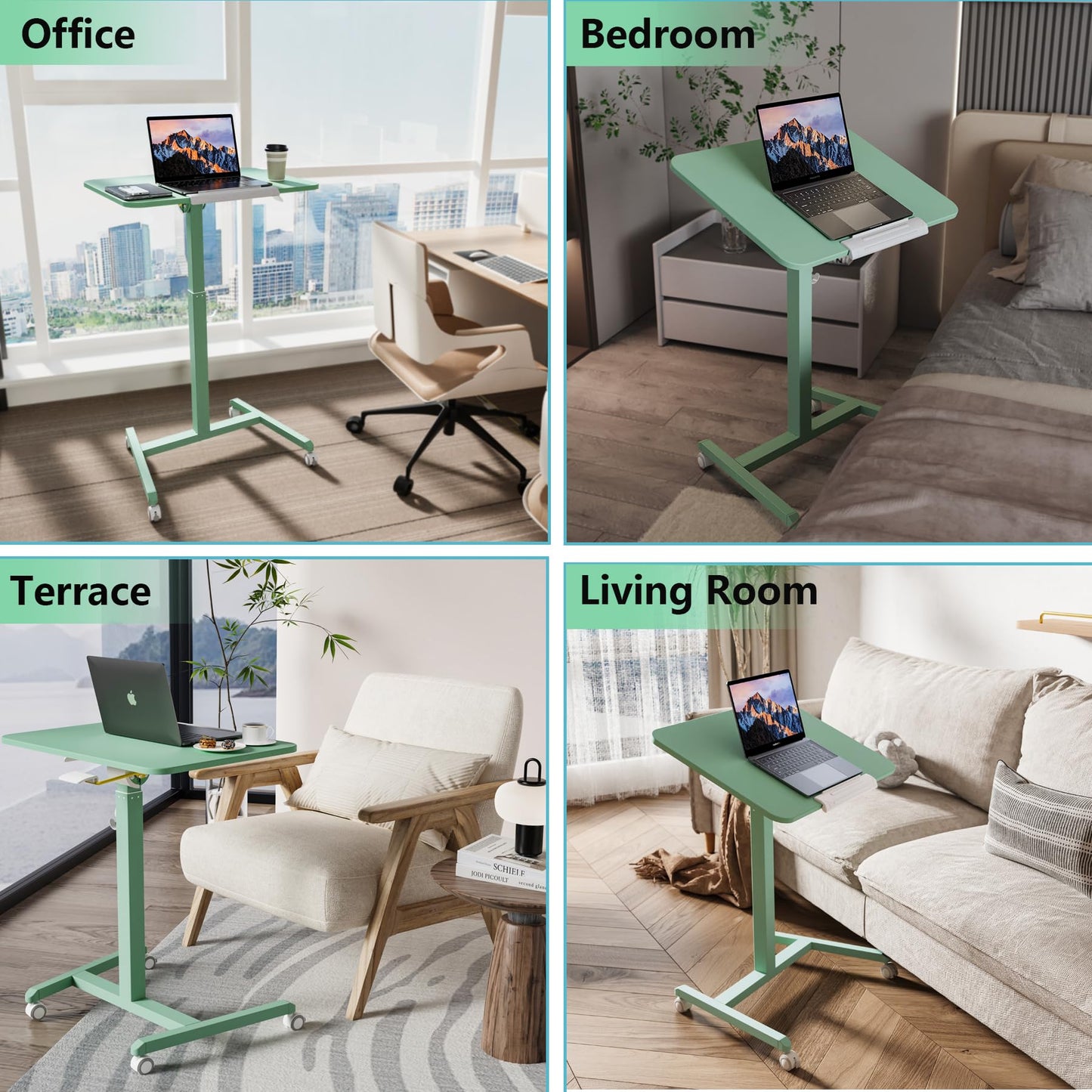 ETHU Mobile Standing Desk, Rolling Podium Stand with Magnetic Hook, 90° Tilting Tabletop, Height Adjustable Sit Stand Desk for Home, Office and Classroom, Green