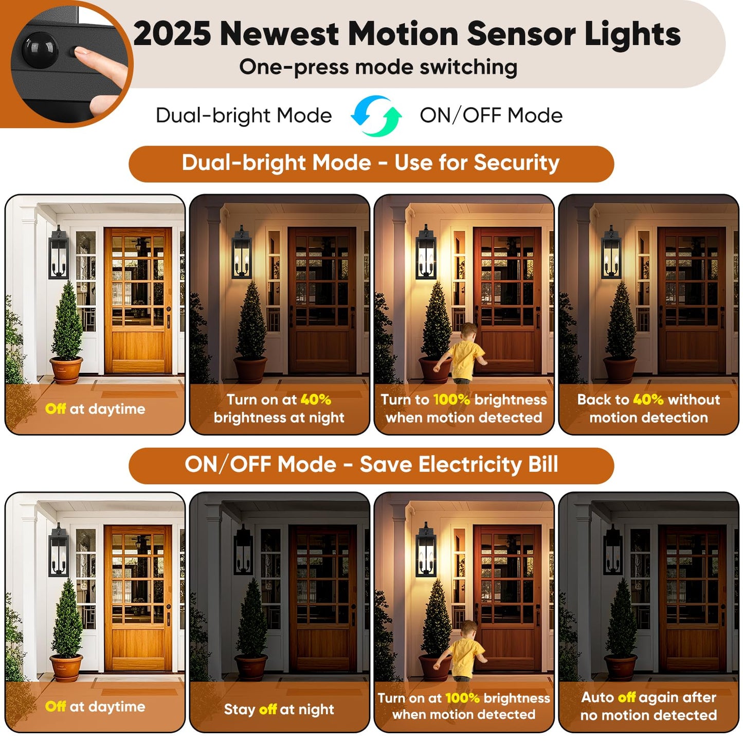 Beslowe 17.5  Upgraded Motion Sensor Outdoor Wall Lights  Dusk To Dawn Porch Lights Outdoor Wall Sconces  3 Lighting Modes Exterior Lighting Fixtures With Hooks  Black Outside Lights For House  2-Pack