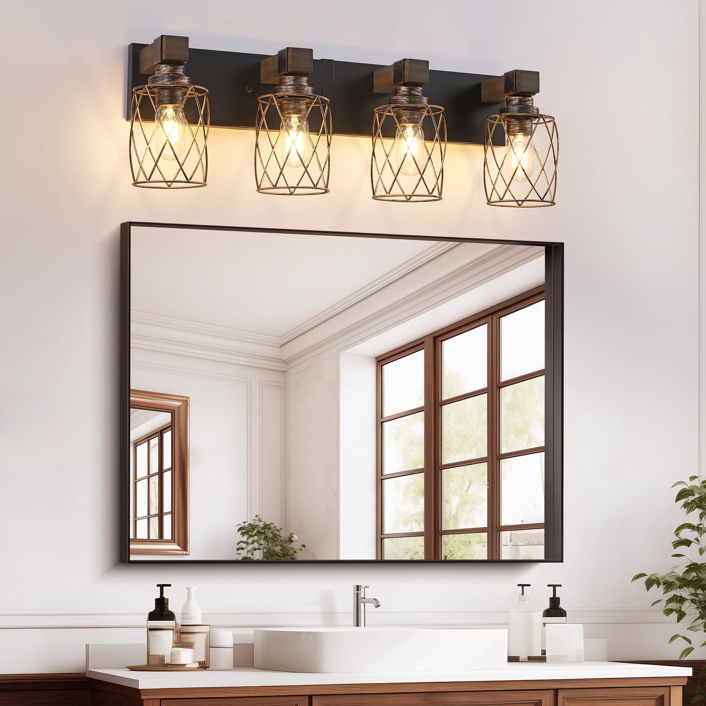 Farmhouse Bathroom Vanity Light  4-Light Wood Bathroom Light Fixtures Over Mirror  Black And Gold Industrial Vanity Lights With Metal Shade  Rustic Bathrooms Lighting For Living Room Bedroom Hallway