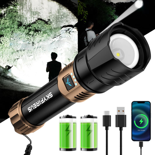 Skyfire Rechargeable Flashlight High Lumens Led Flashlight With 8000Mah Zoomable Four Modes Waterproof Bright Flash Light For Camping Essentials Outdoor Home-No Lens