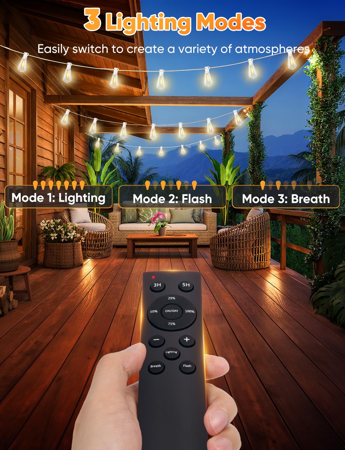Brightever Outdoor String Lights With Remote  200Ft Led Patio Lights With 62 St38 Led Filament Bulbs  3 Lighting Modes  3H/5H Timer  Waterproof Ip65 String Light For Outside  E12 Socket Base  White