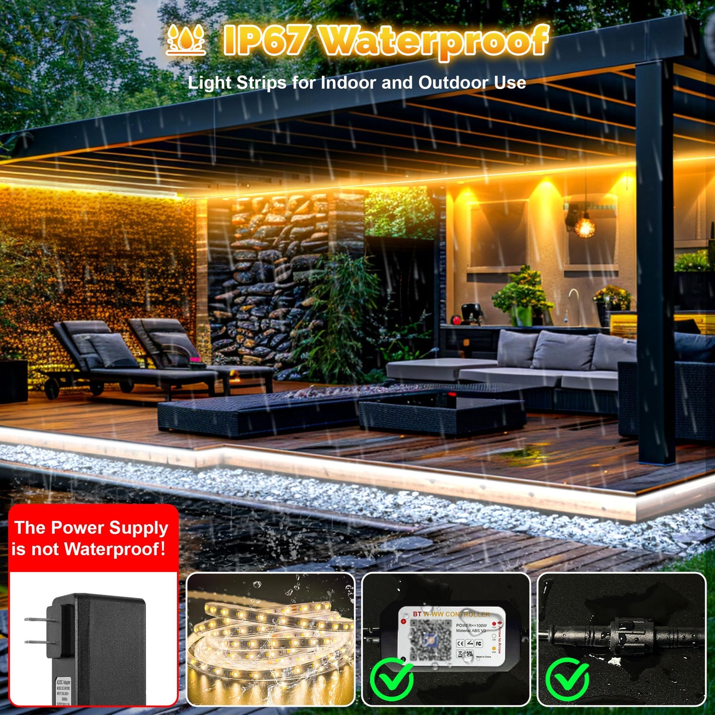 Tendist 100Ft Outdoor Led Strip Lights Waterproof Ip67  Dimmable 3000K-6500K Warm White Led Rope Lights Outdoor Waterproof With Remote & App  24V Adhesive Exterior Lighting For Patio  Deck  Gazebo