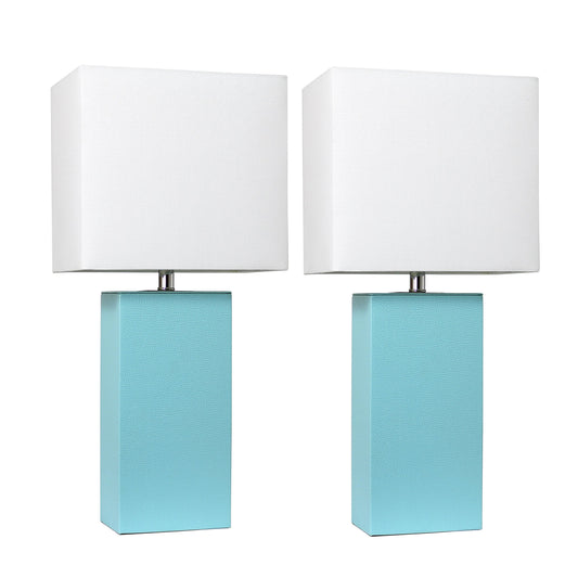 Elegant Designs LC2000-AQU-2PK Modern Leather Table Lamps, Aqua, 10 x 6 x 21 (Pack of 2), White Fabric Shades