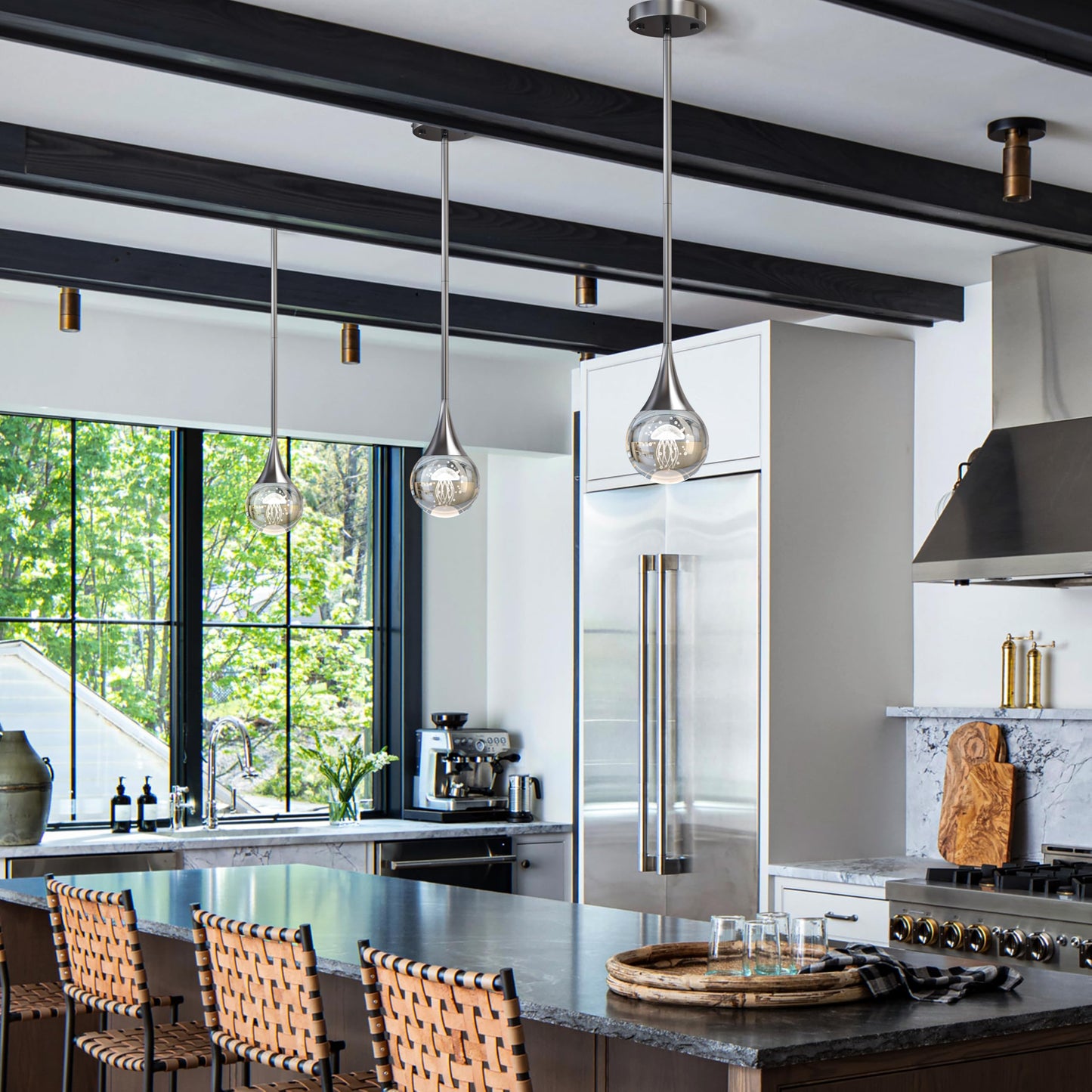 3-Pendant Lights Kitchen Island  Chrome Silver Crystal Globe Ceiling Hanging Light Fxitures  Led Lamp Metal Rod Ceiling Jellyfish Pendant Lighting For Kitchen Dining Room Bar
