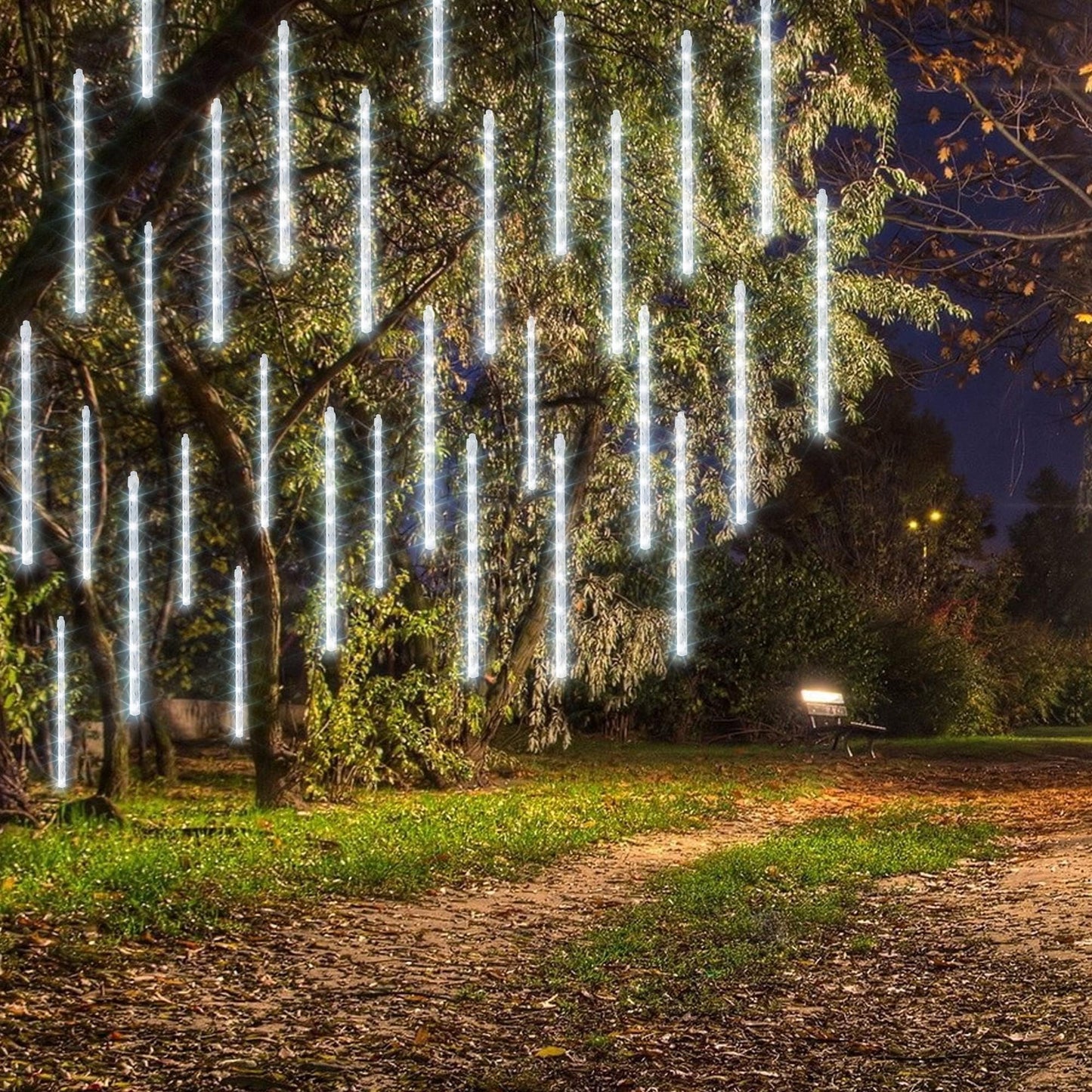 Dazzle Bright 1728 Led Christmas Light  Meteor Shower Rain Lights 11.8 Inch 48 Tubes  Waterproof Plug In Falling Rain Lights Decorations For Xmas Tree Yard Party (White)