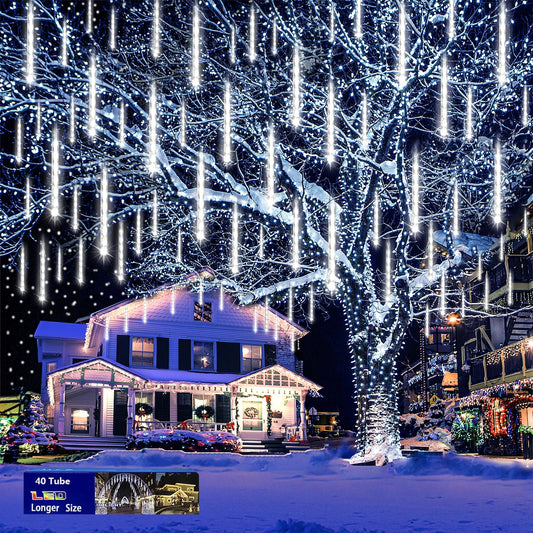 Purtuemy Outdoor Christmas Lights: 40 Tube(Equivalent To 5 Sets Of 8-Tubes) Meteor Shower Rain Lights - Waterproof Christmas Halloween Decorations For Yard Outside Tree Roof  White