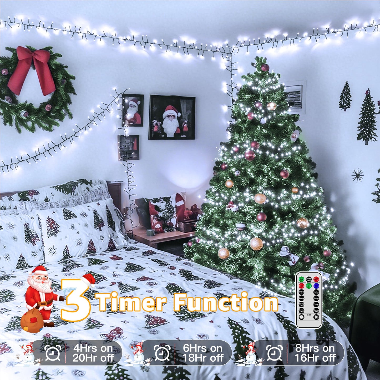 Ccinny 1200 Led 59 Ft Cluster Lights  White Christmas Tree Lights 8 Modes Timer Remote  Waterproof String Lights For Indoor Outside Garland Xmas Decorations