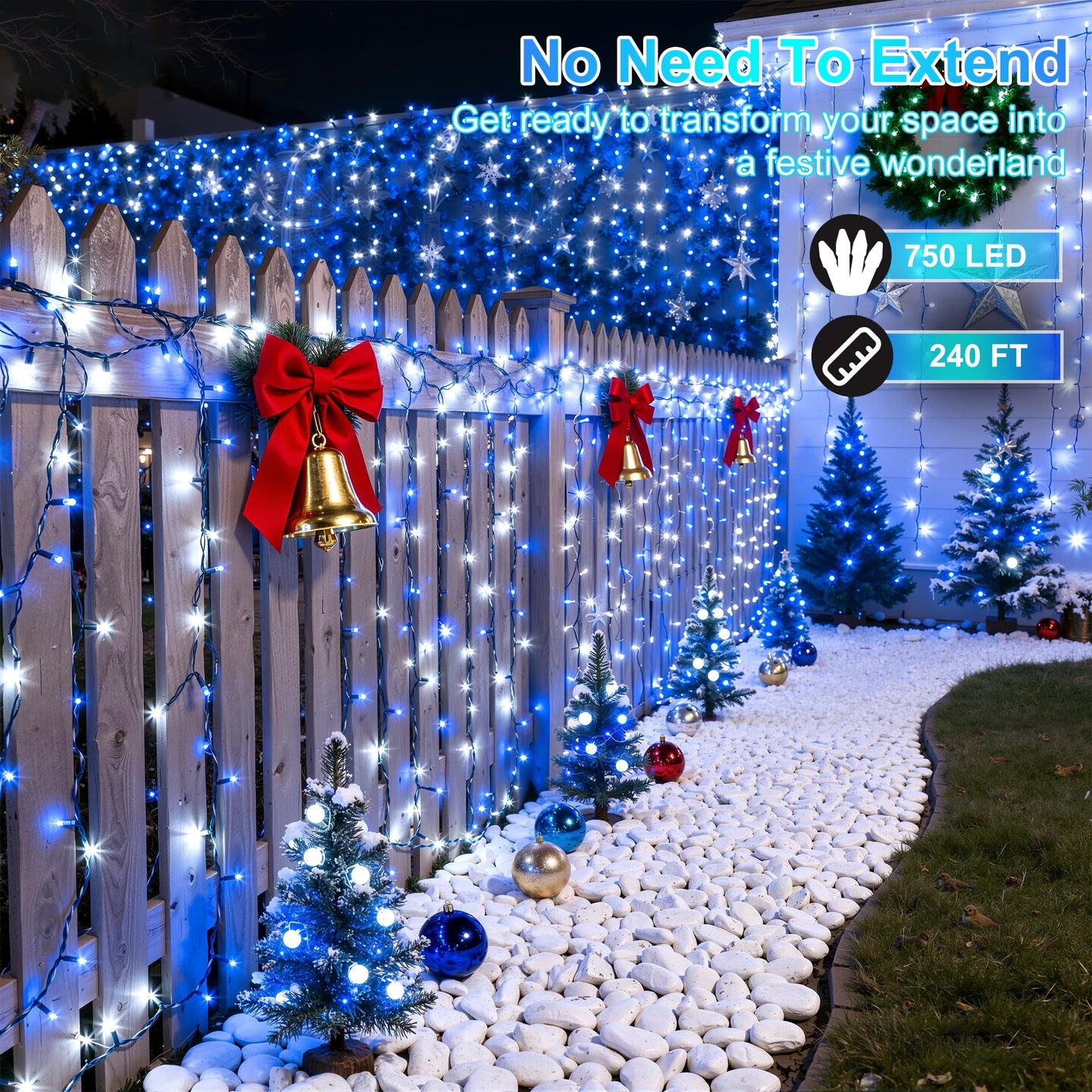 750Led Christmas Lights Outdoor Use  240Ft 12 Modes Blue And Cool White Led String Lights With Timer Dimmable  Waterproof Christmas Tree Lights For Xmas Patio Yard Fence Balcony Garden Decor