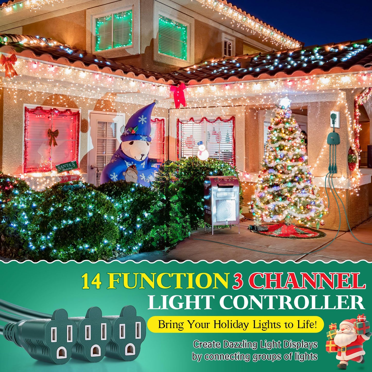 Gulfmew Christmas Light Controller With Remote  Create Dazzling Lighting Displays With Multiple Functions  Timer  Dusk To Dawn Sensor  Adjust Speed For Holiday Xmas Lights(3 Channel  14 Functions)